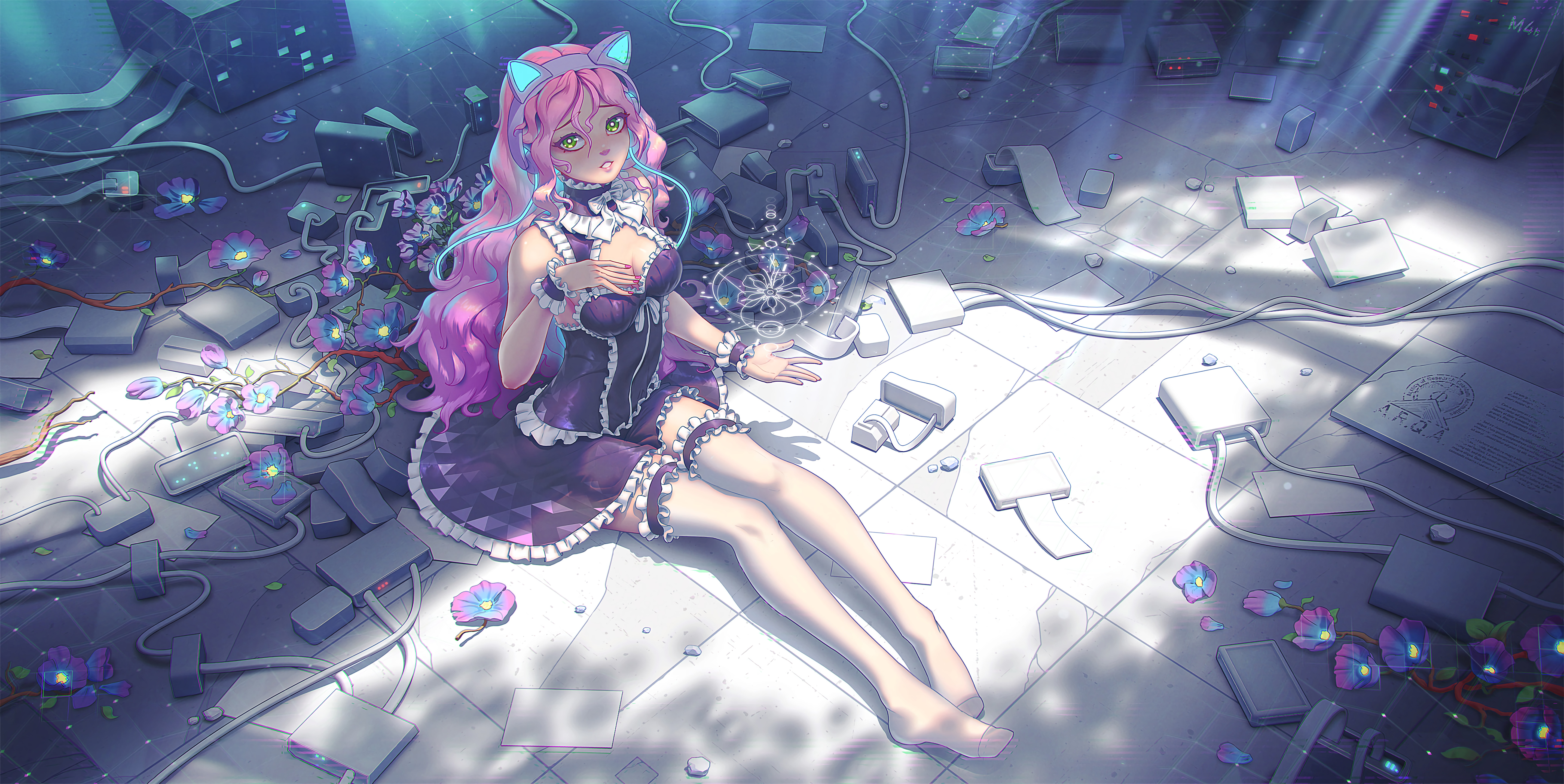 Anime Cat Girl Flowers Cyber Cybergirl Cyberpunk 5744x2880