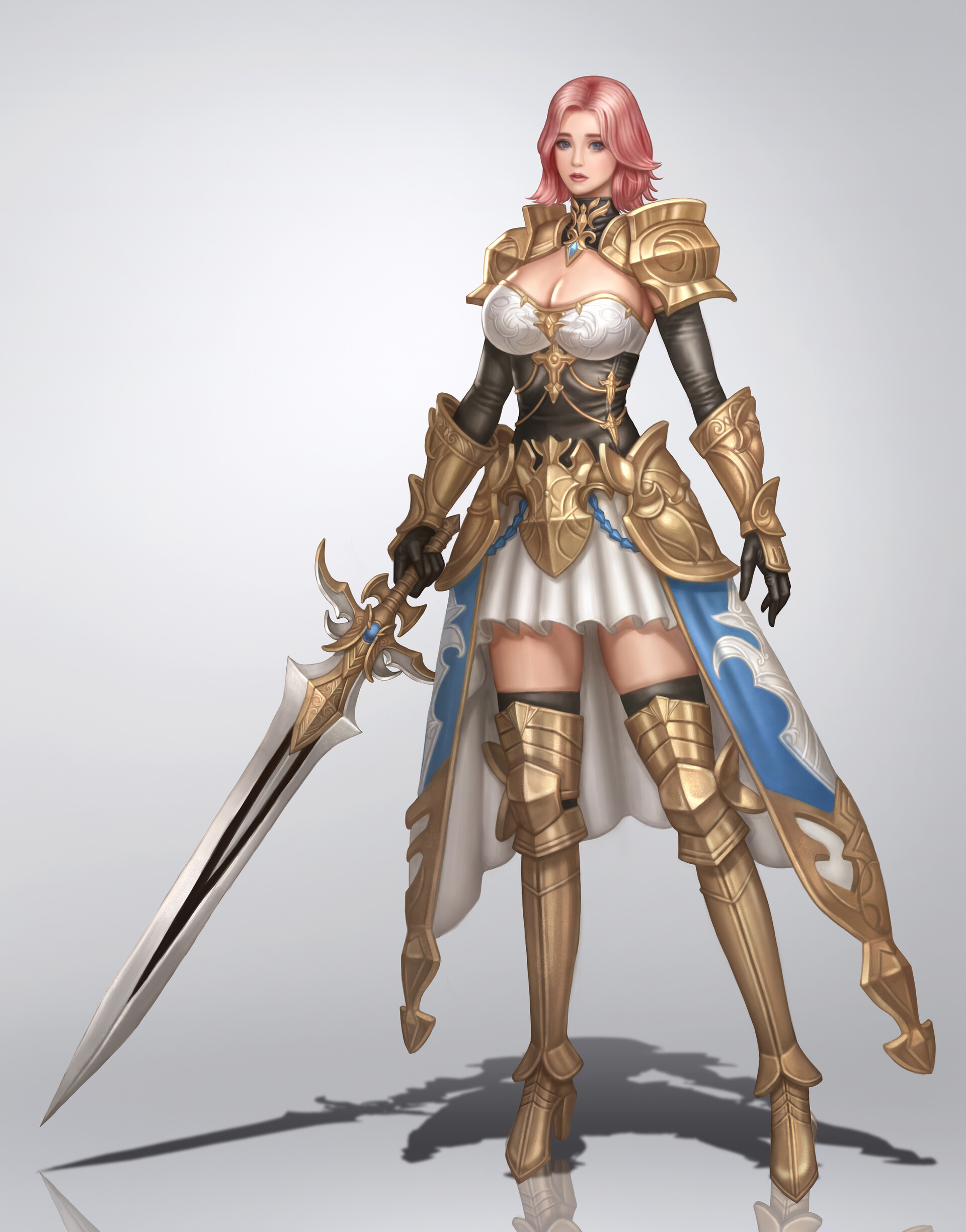 Seungjin Ok Drawing Women Pink Hair Short Hair Armor Warrior Gold Weapon Sword Shadow 1920x2449