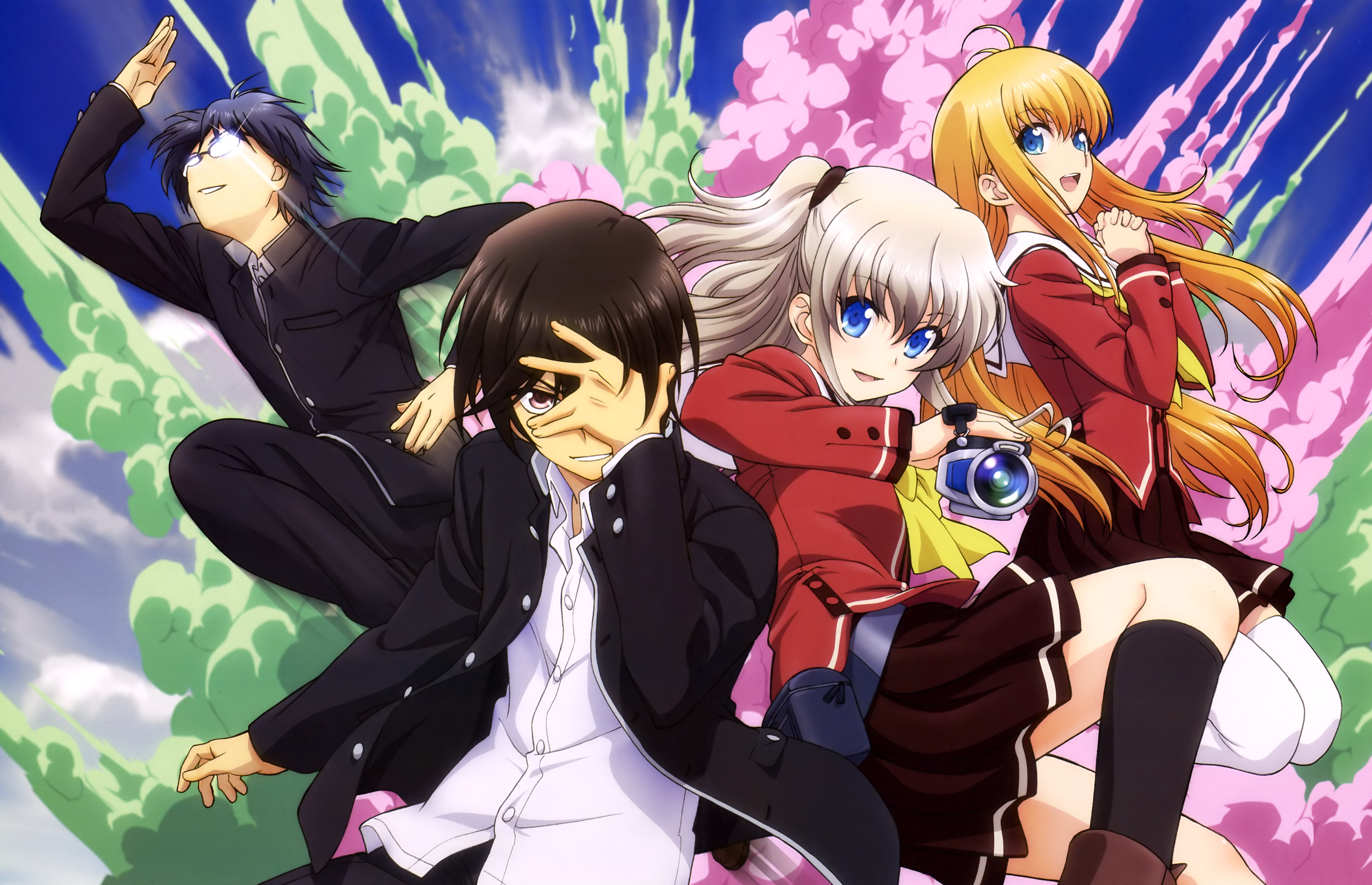 Anime Black Hair Blonde Blue Eyes Brown Hair Camera Charlotte Anime Glasses Joujirou Takajou Long Ha 3350x2160