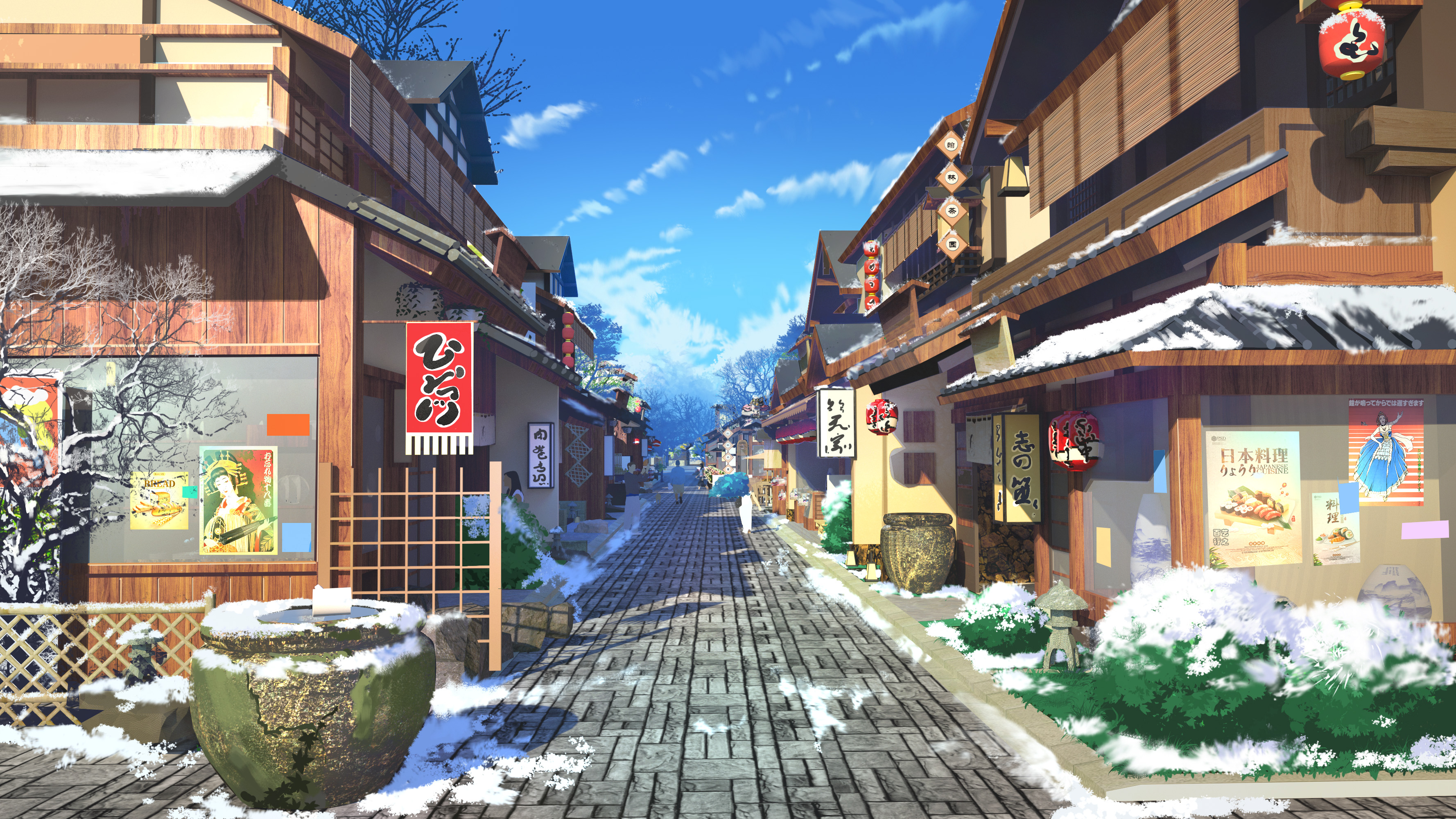 LV Touhou Game CG Background Art Sky Clouds Street Chinese Architecture Snow Digital Art Daylight Tr 3556x2000