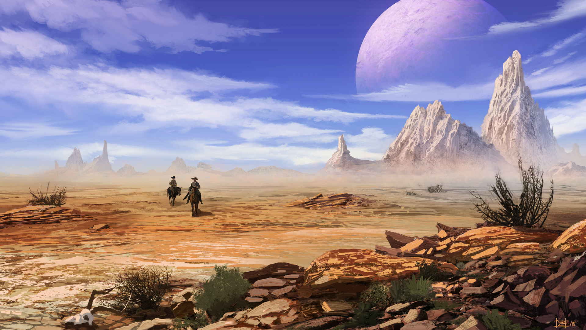 Digital Art Desert Rocks Clouds Cowboys Planet 1920x1080