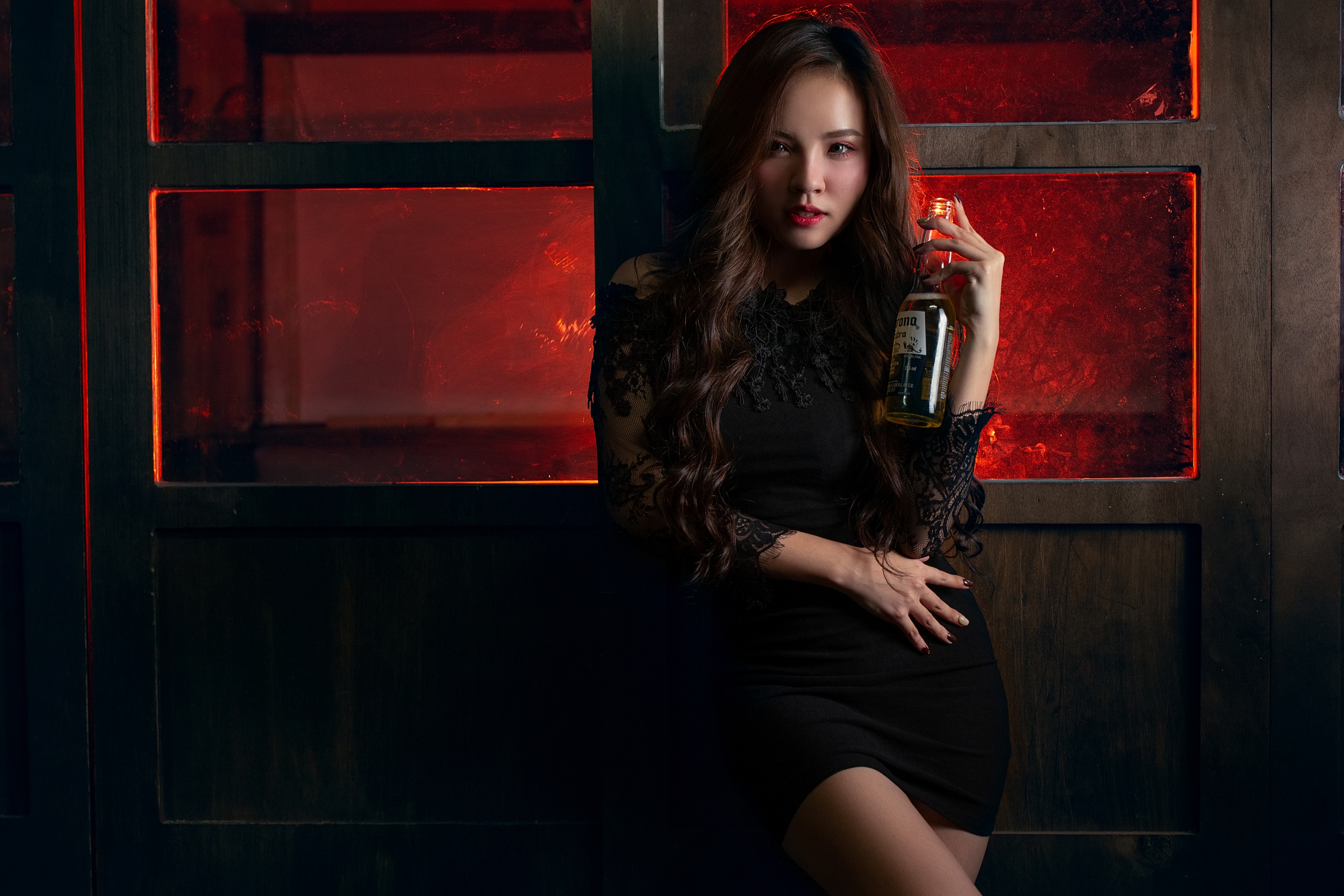 Albee Women Model Asian Brunette Corona Beer Looking At Viewer Dress Black Dress Parted Lips Bare Sh 3840x2560