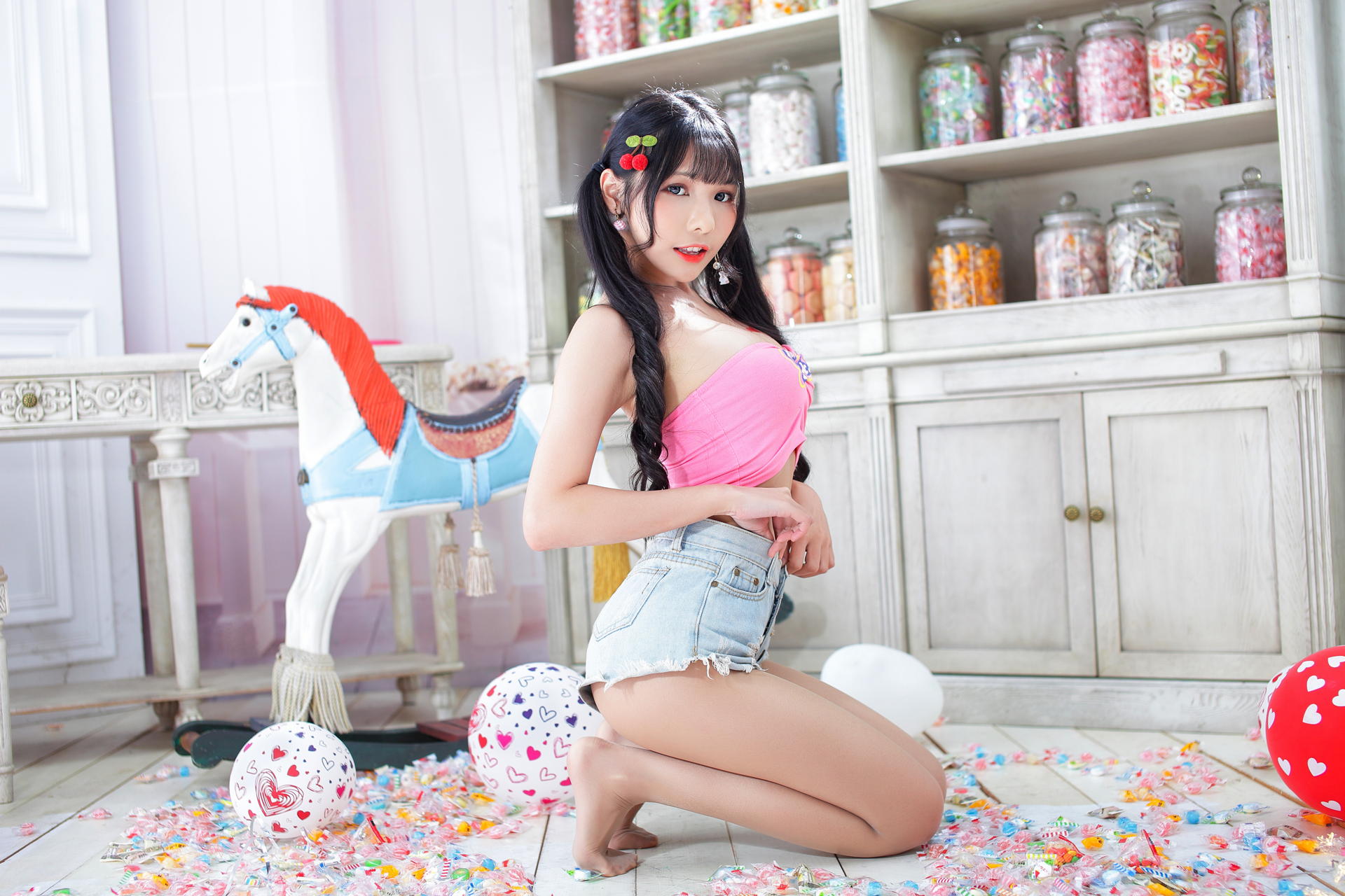 Asian Model Women Black Hair Long Hair Vicky Twintails Hair Ornament Toys Nylons Pink Tops Jars Cand 1920x1280