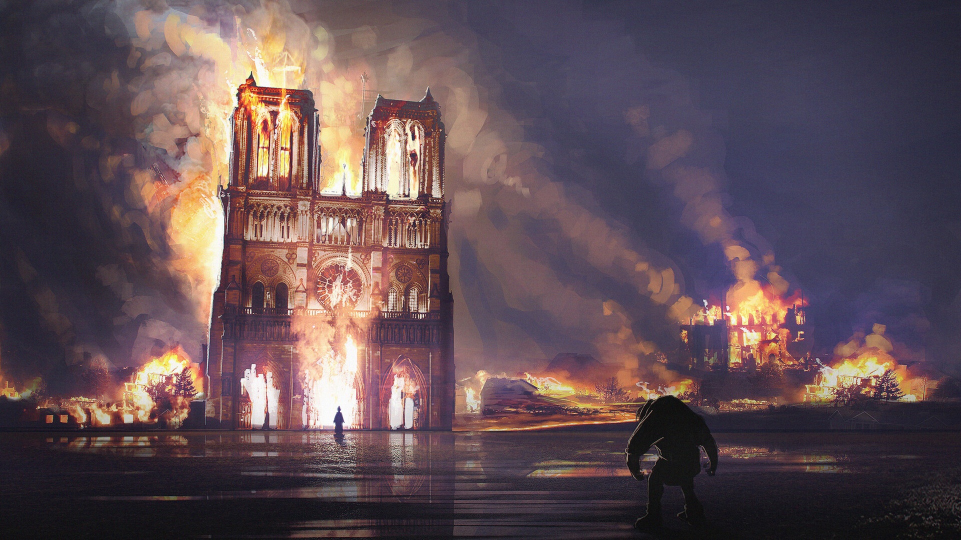 Fire France Night Notre Dame De Paris Paris 1922x1080