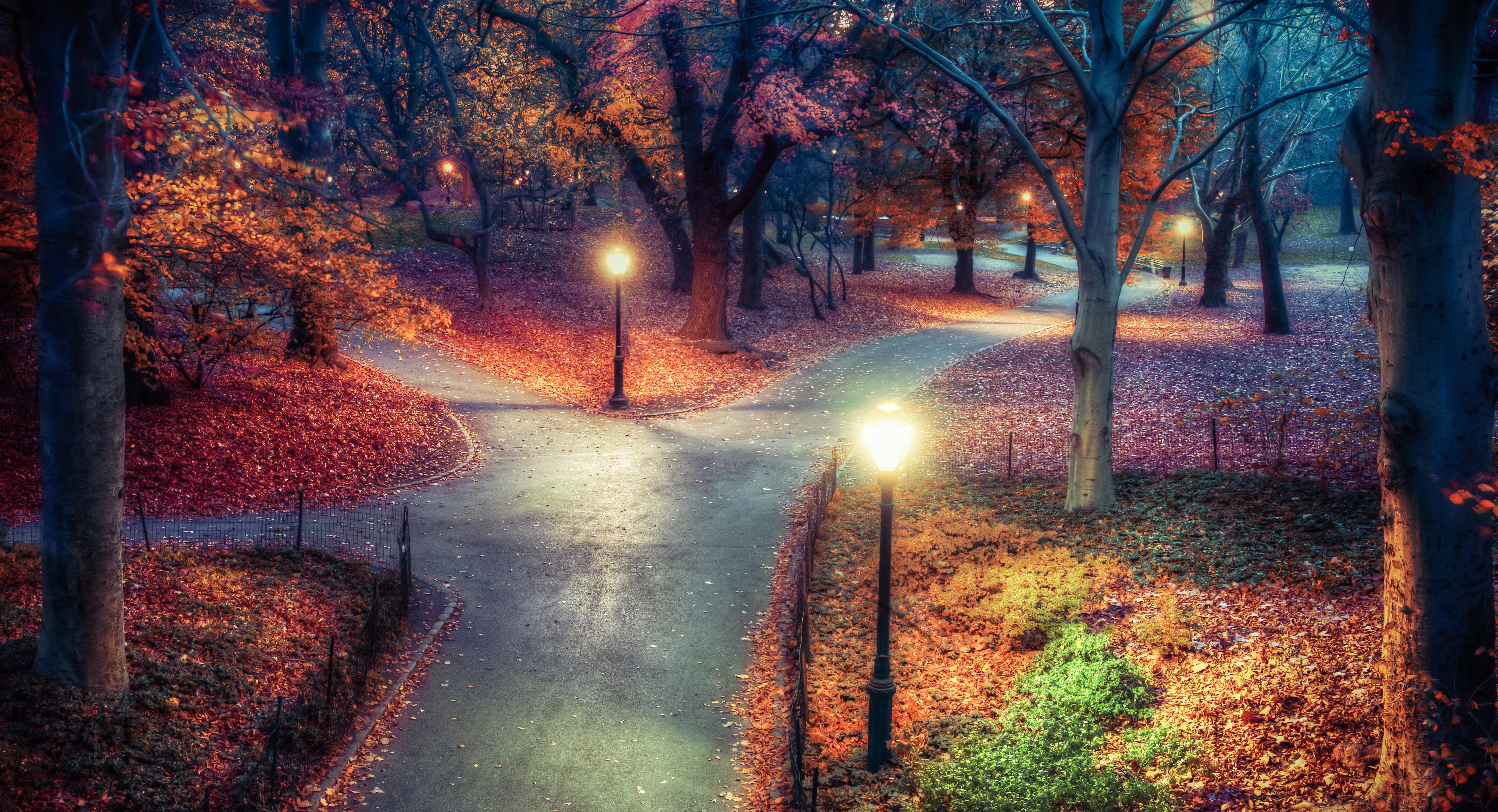 Nature Fall Leaves Trees Path Lamp Street Light Fallen Leaves Evening HDR Fence 6048x3280