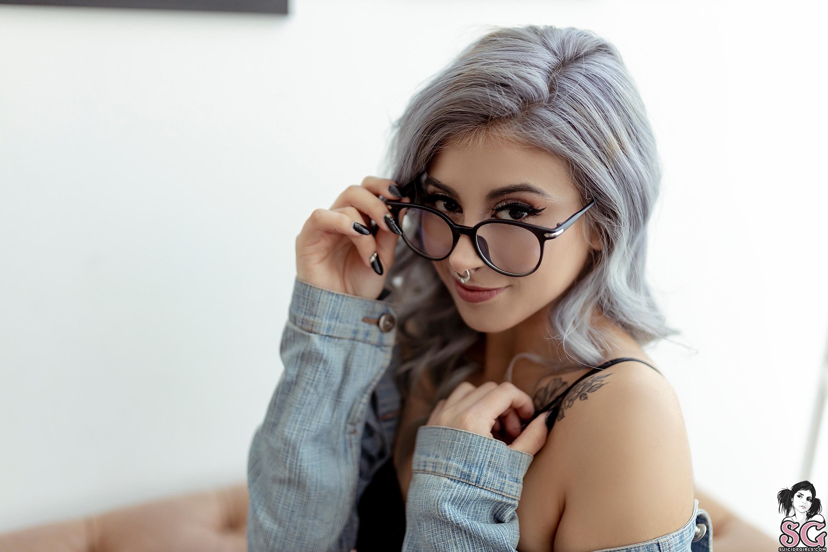 Gray Hair Dyed Hair Model Women Face Pierced Nose Bokeh Bare Shoulders Tattoo Women With Glasses Bla 2688x1792