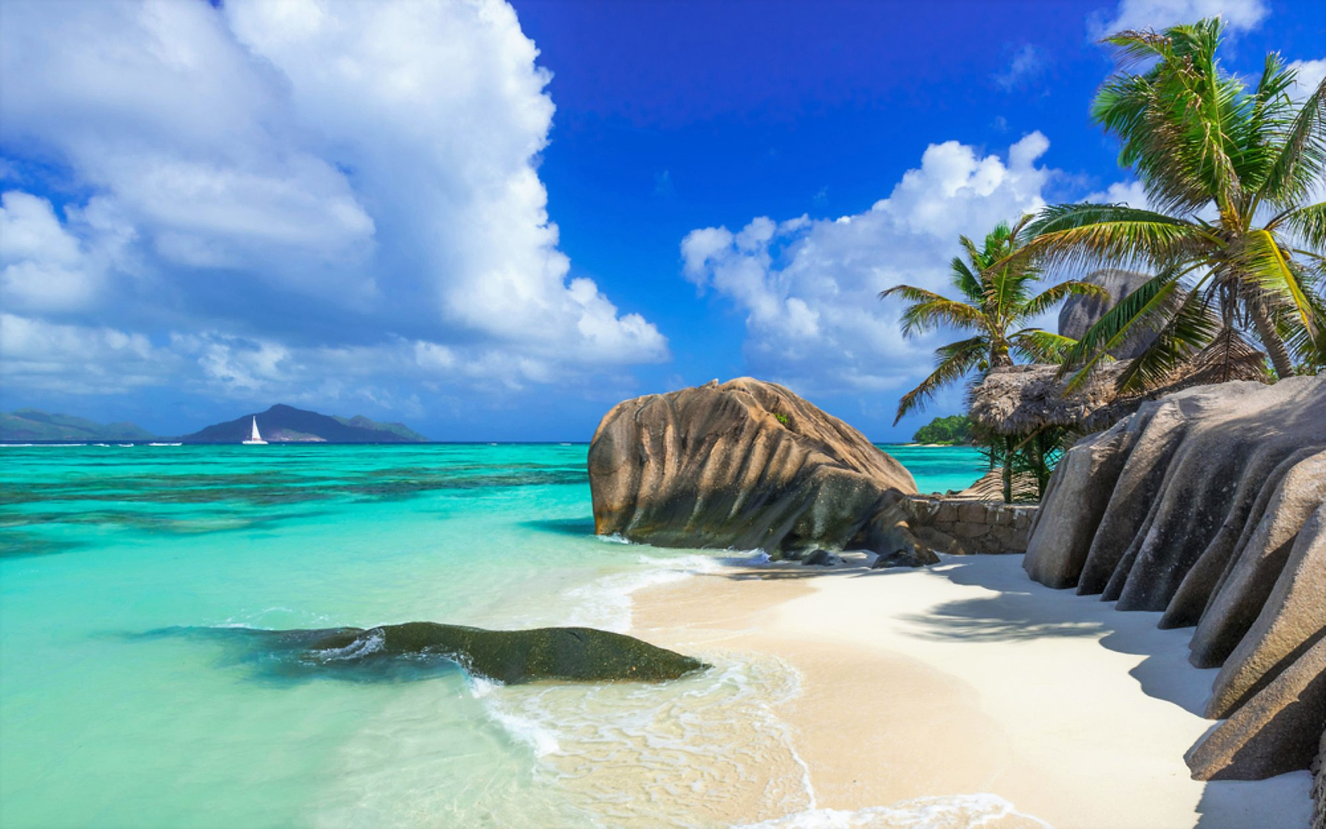 Beach Earth Island Ocean Palm Tree Rock Sea Seychelles Tropical 1920x1200