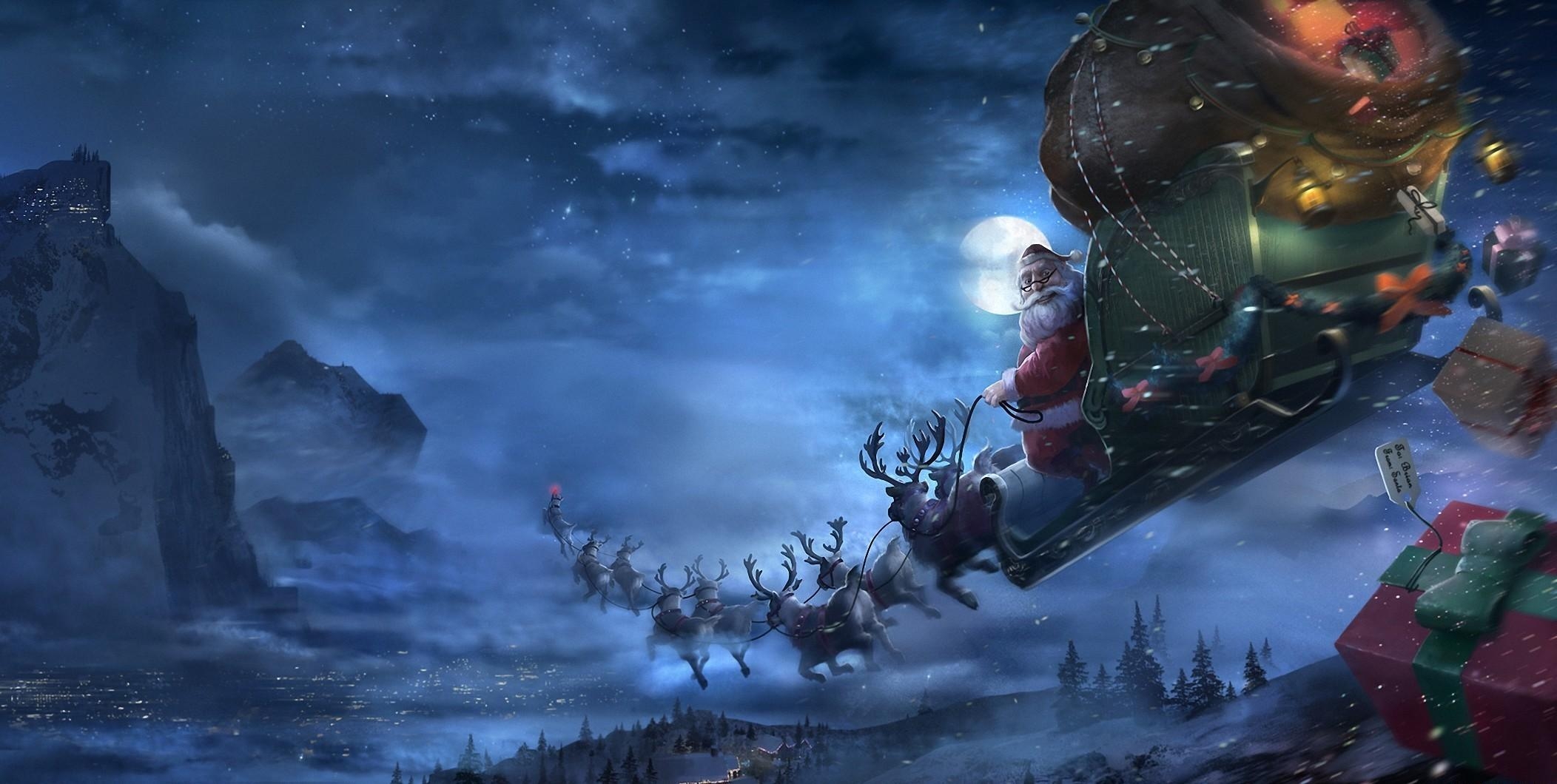 Christmas Christmas Tree Decorations Santa Claus Deer Flying Christmas Presents 2104x1060