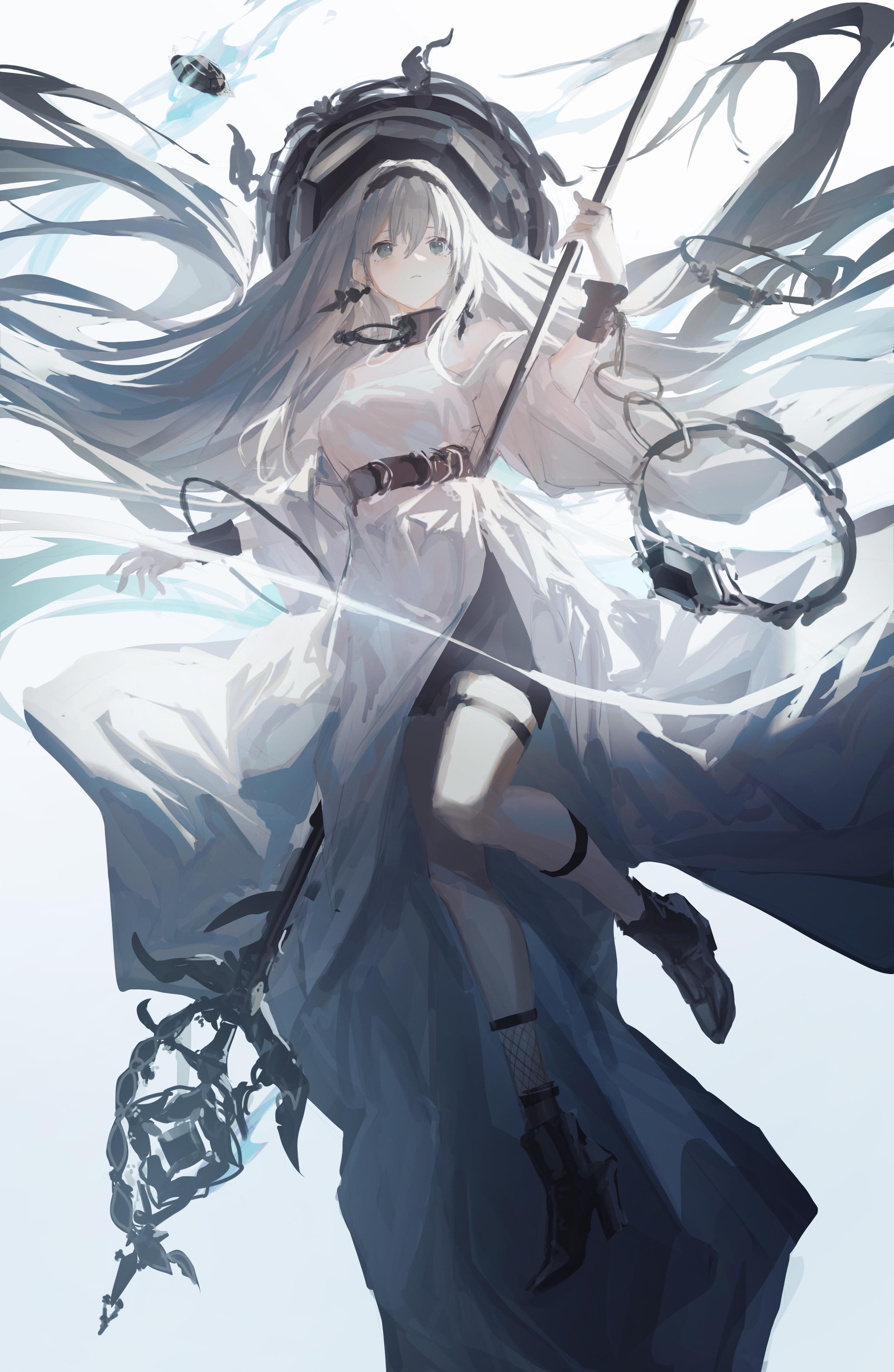 Anime Anime Girls Simple Background Original Characters LM7 Long Hair Silver Hair Staff 2480x3808