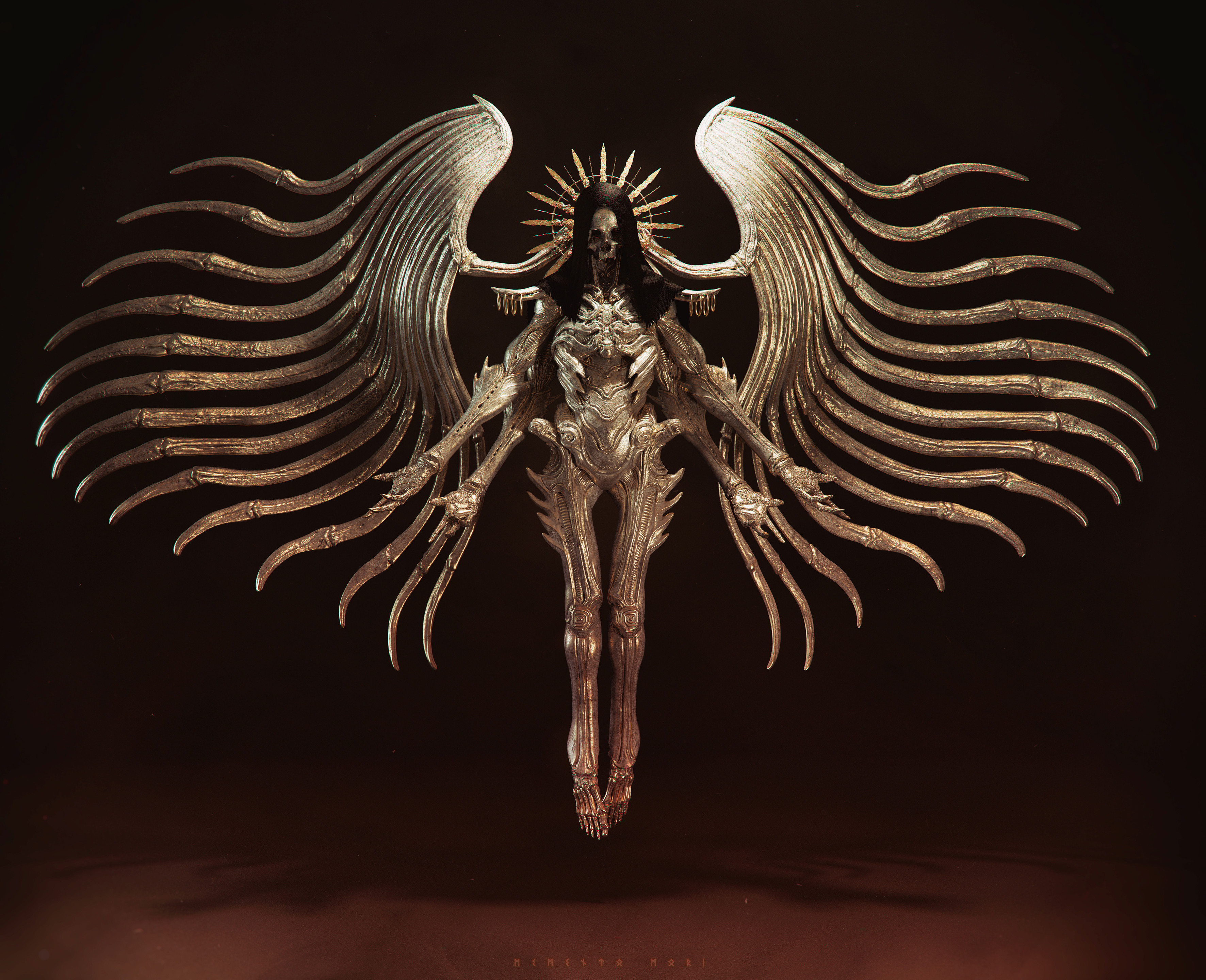 Maarten Verhoeven Wings CGi 3D Digital Art Dark Hair Skeleton Skull Women ArtStation 3544x2881
