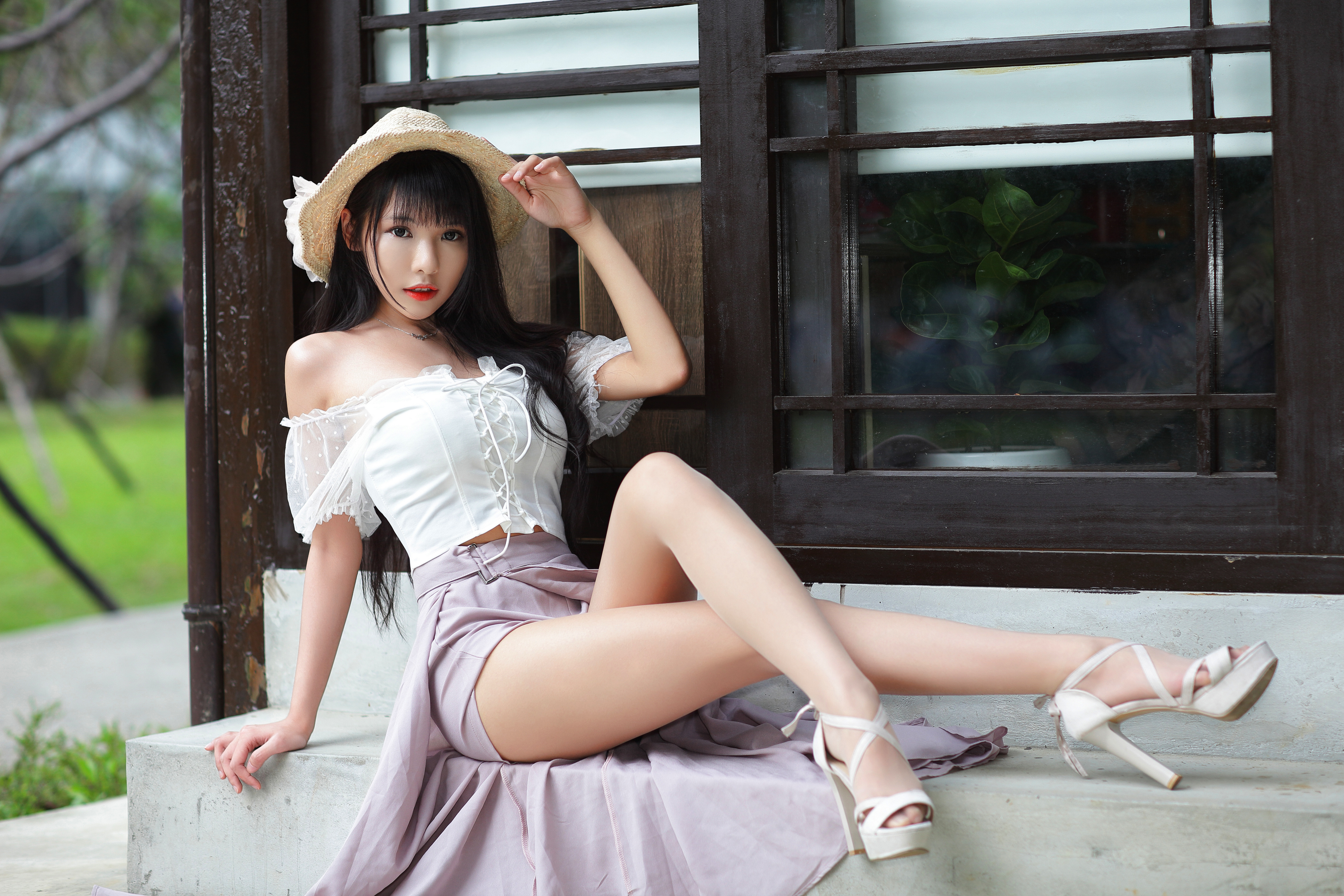 Asian Women Model Long Hair Brunette Sitting White Heels Skirt White Tops Straw Hat Grass Window Vic 3840x2560
