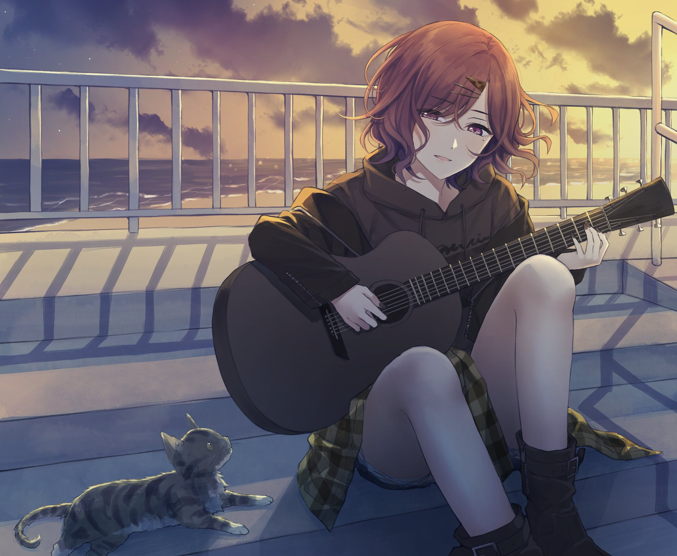 Anime Anime Girls Cats Guitar Ae Iueo Short Hair Brunette THE IDOLM STER Higuchi Madoka 2190x1800