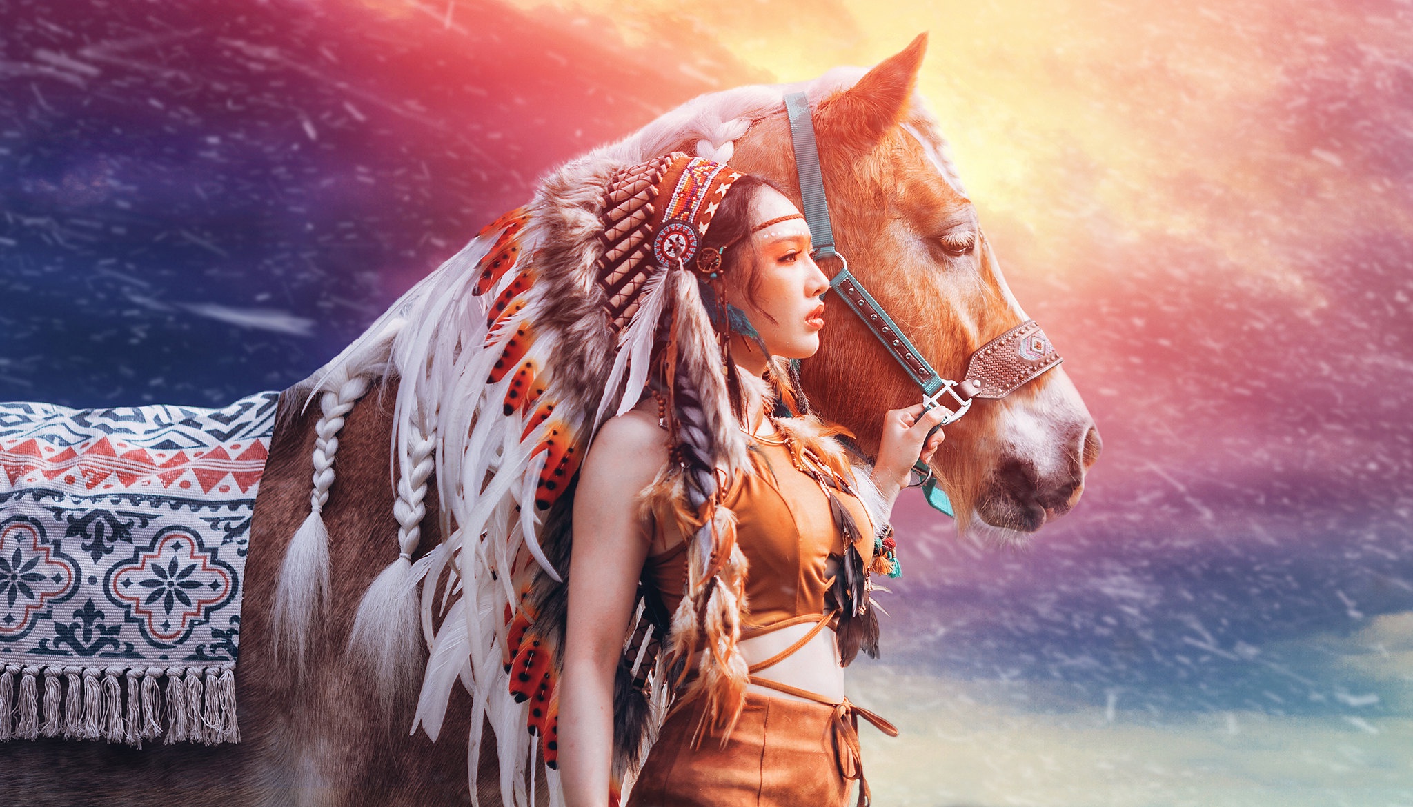 Asian Girl Headdress Horse Model Native American Woman 2048x1170