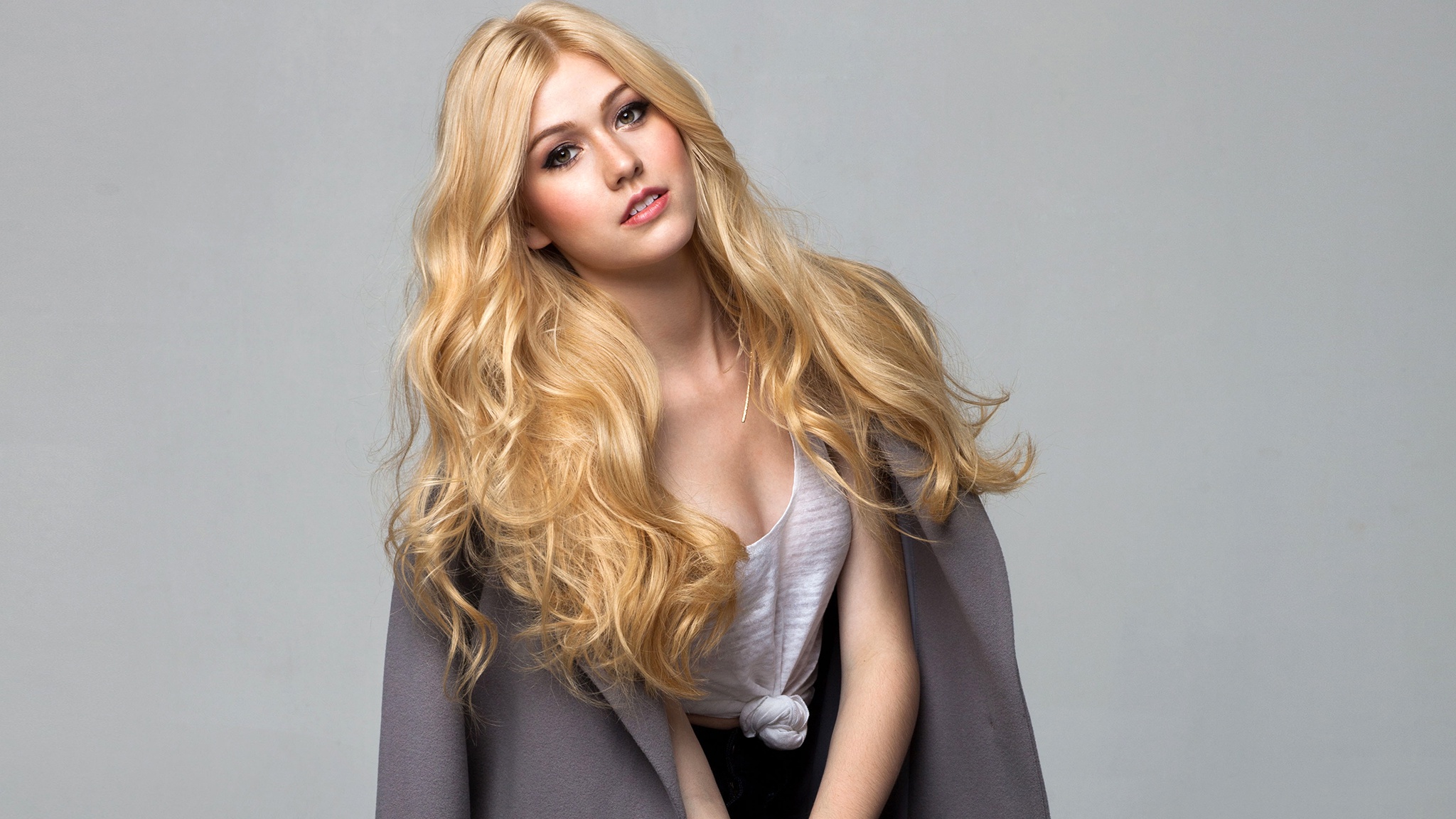 Katherine Mcnamara Blonde Simple Background Blond Hair Long Hair Looking At Viewer Celebrity Open Mo 2048x1152