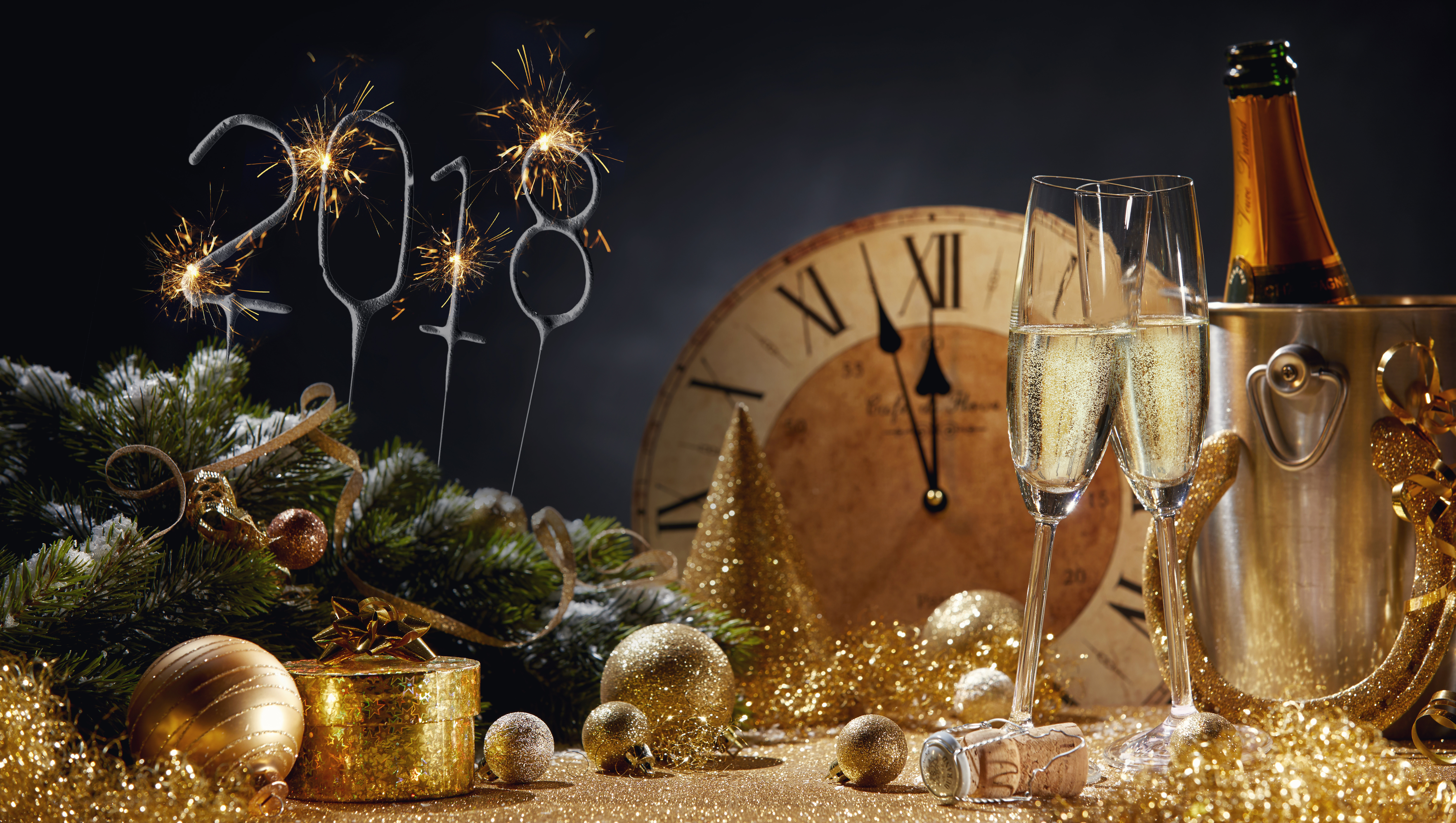 Alcohol Celebration Champagne Drink Golden New Year New Year 2018 6720x3799