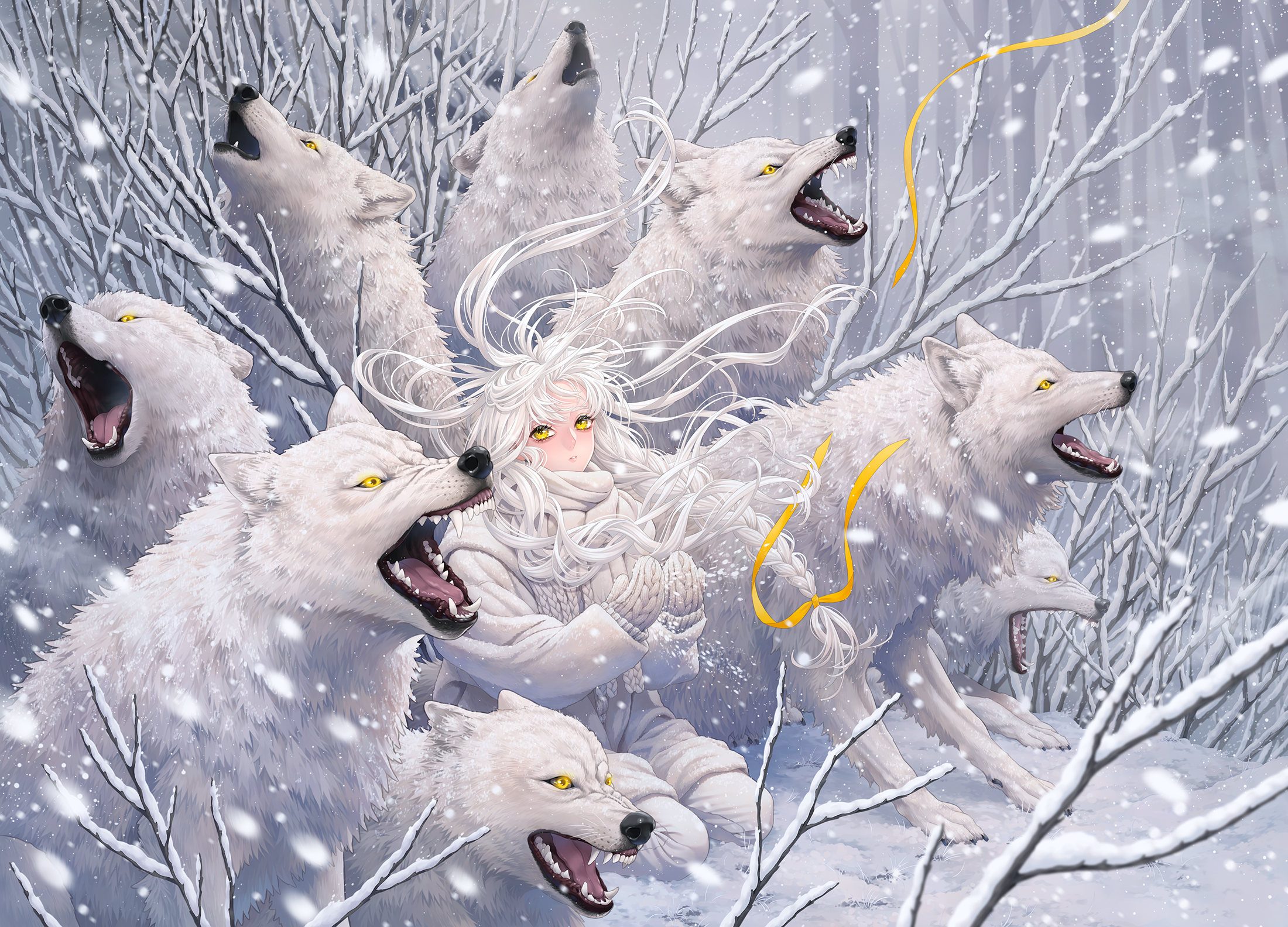 Anime Anime Girls Wolf Winter Blonde Long Hair Ribbons Snow Mittens Yellow Eyes Scarf Howling 2200x1584