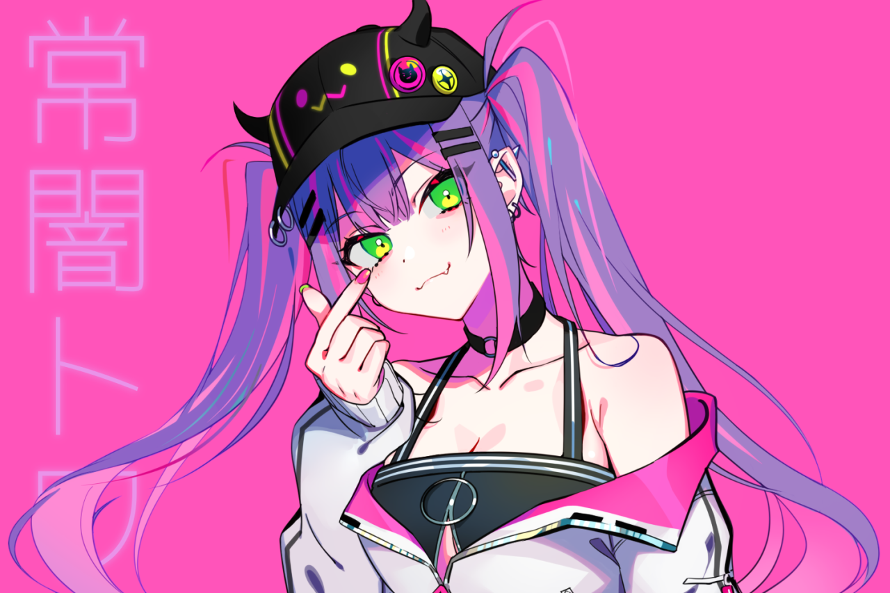 Anime Anime Girls Yu Ra Tokoyami Towa Hololive Baseball Caps Purple Hair Twintails Green Eyes 1280x853