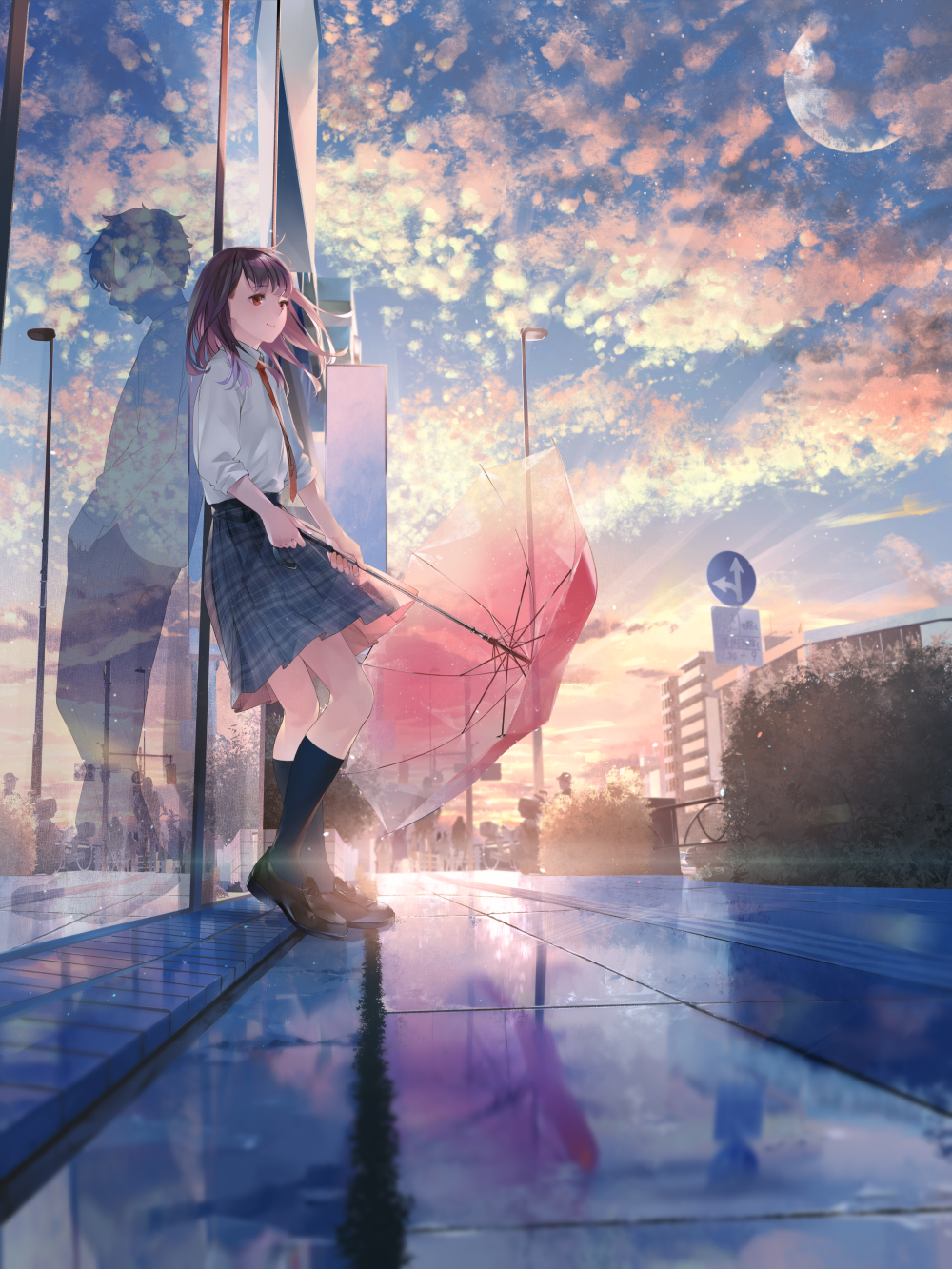 Anime Girls Umbrella Leaning Reflection Sky School Uniform Sousou 1000x1333