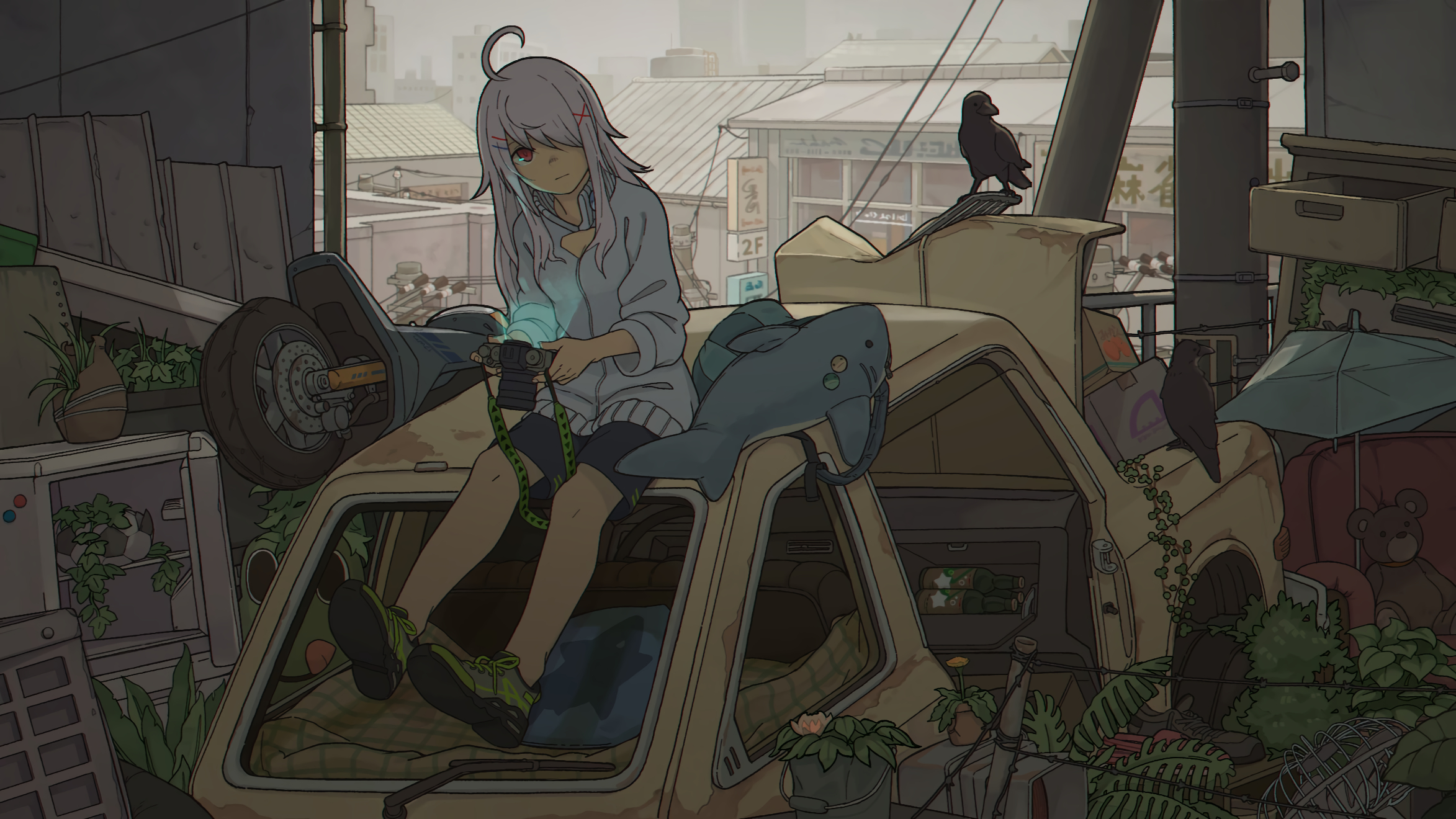 Anime Anime Girls White Hair Red Eyes Camera Mess Trash Crow Scooters Shima 2346x1320