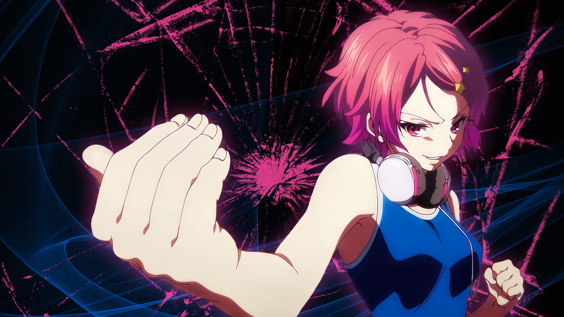 Anime Anime Girls Pink Hair Red Eyes Headphones Fist Smirk Musaigen No Phantom World Minase Koito 1920x1080