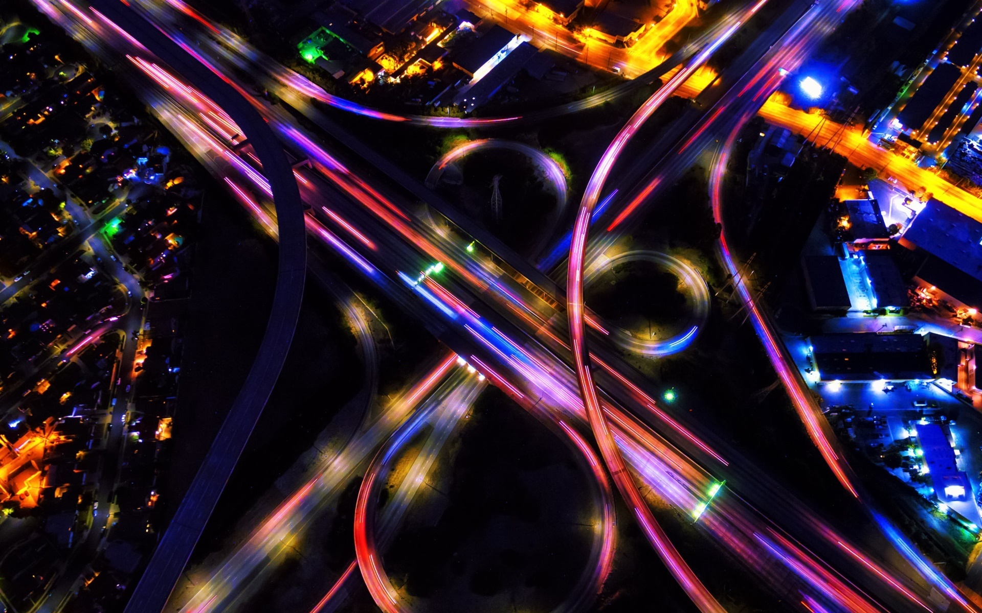 Night City Digital Art Traffic Dark Aerial View Long Exposure Colorful 1920x1200