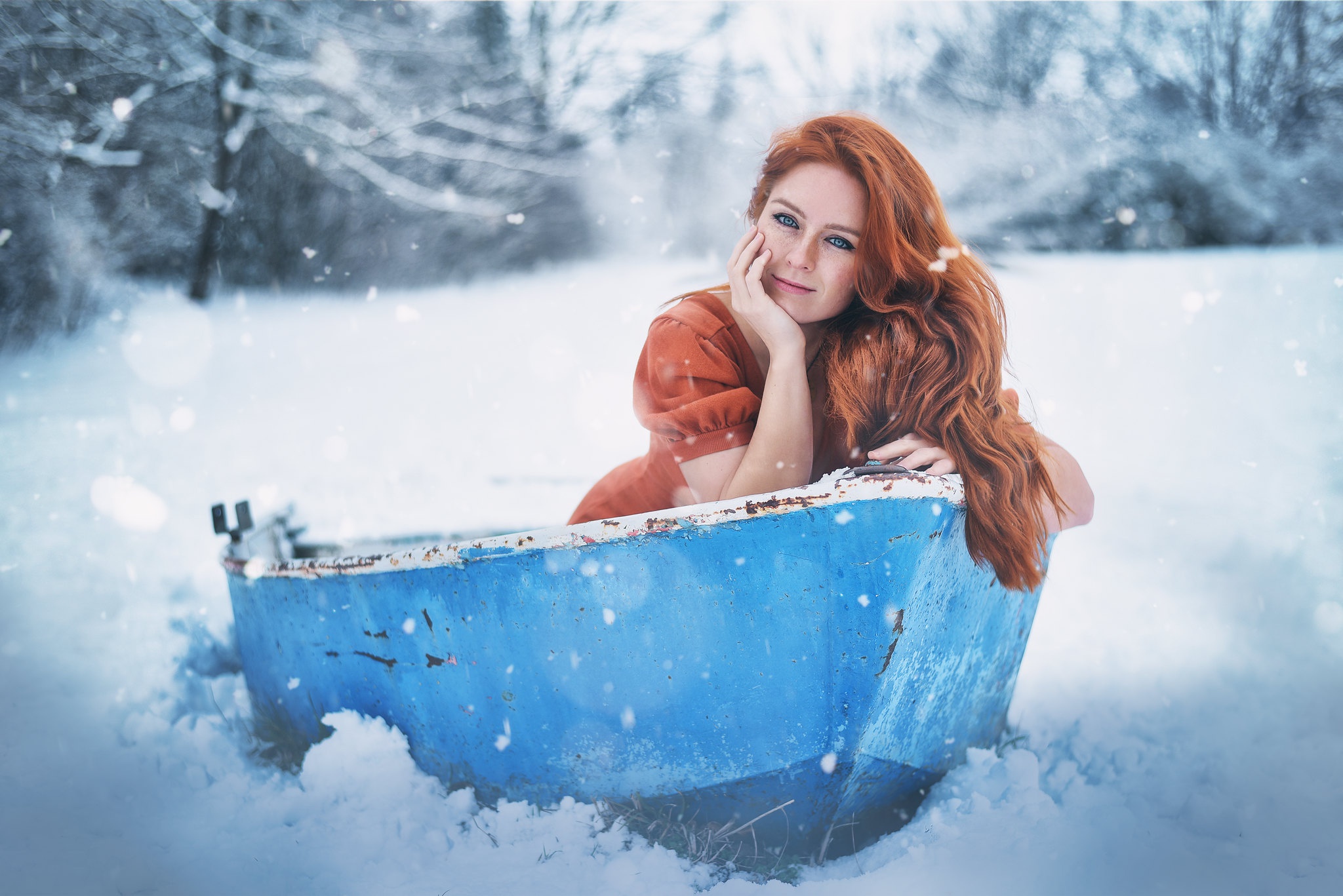 Women Model Boat Vehicle Redhead Winter Snow Cold Outdoors Women Outdoors Looking At Viewer 2048x1367