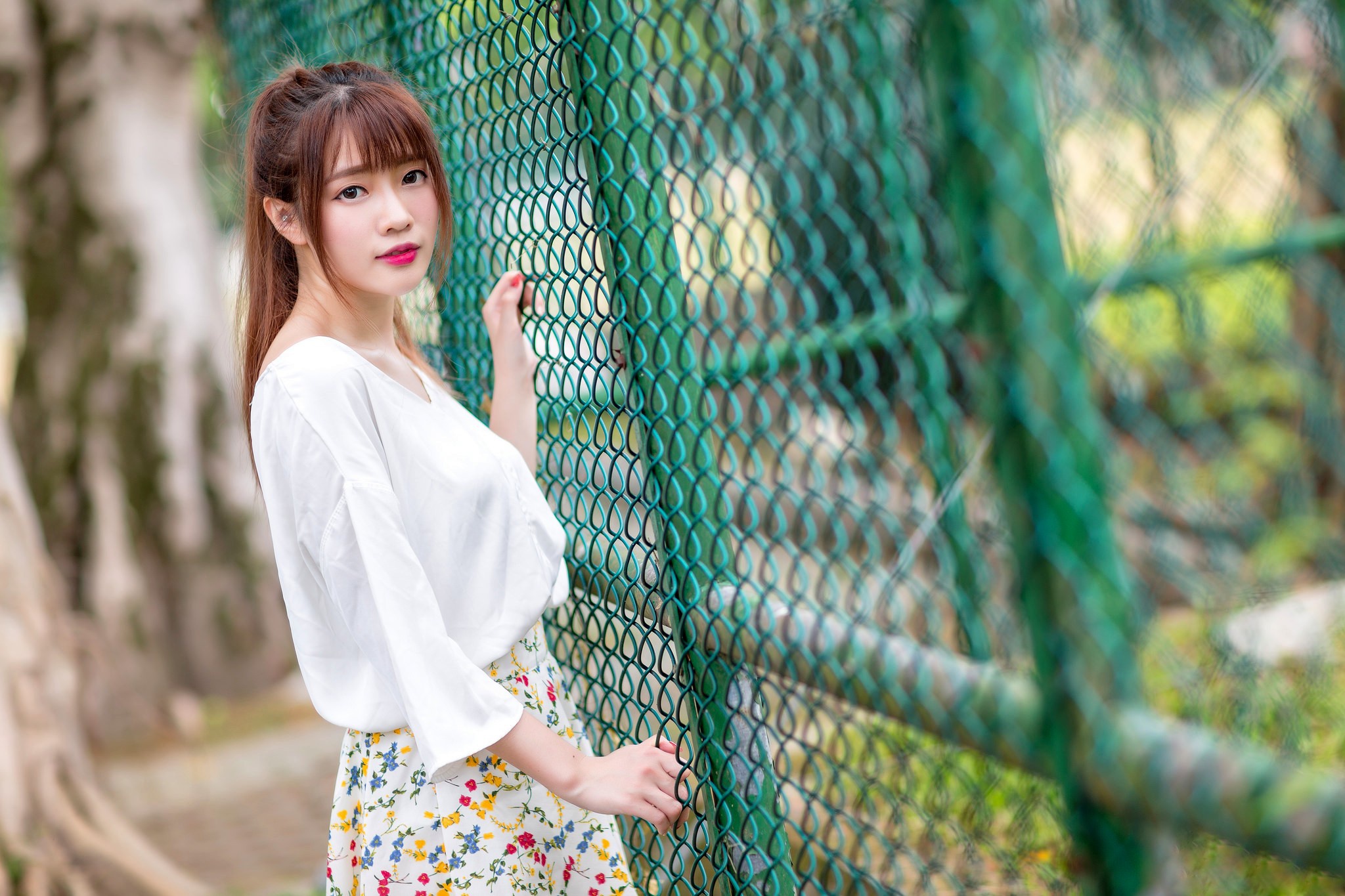 Asian Brunette Depth Of Field Fence Girl Lipstick Model Woman 2048x1365