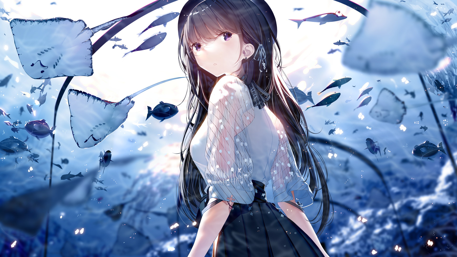 Anime Girls Original Characters Anime Black Hair Bangs Long Hair Shirt Skirt Looking At Viewer Parte 1920x1080