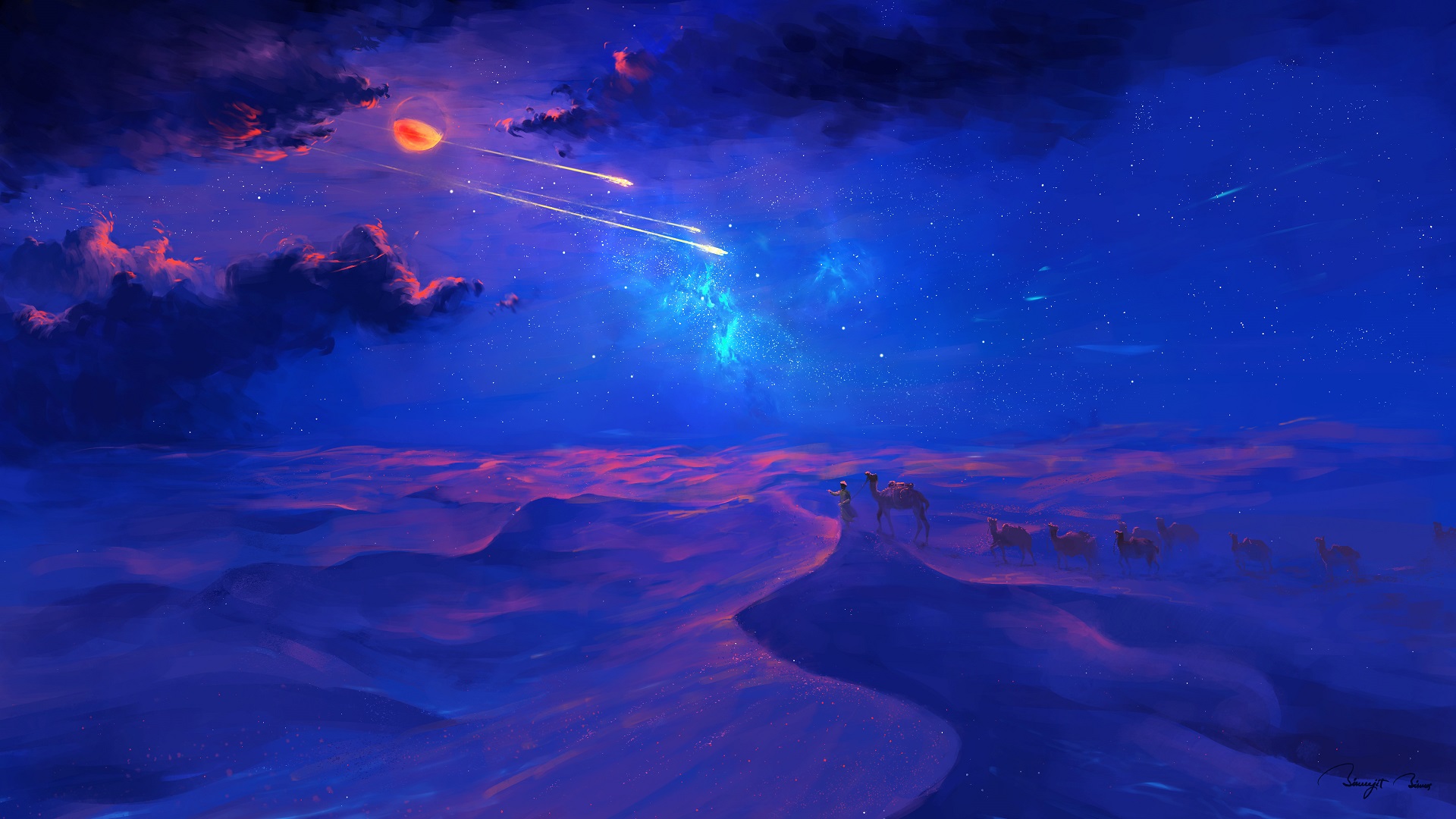 BisBiswas Digital Art Fantasy Art Camels Desert Stars Clouds Shooting Stars Moon Lunar Eclipses 1920x1080