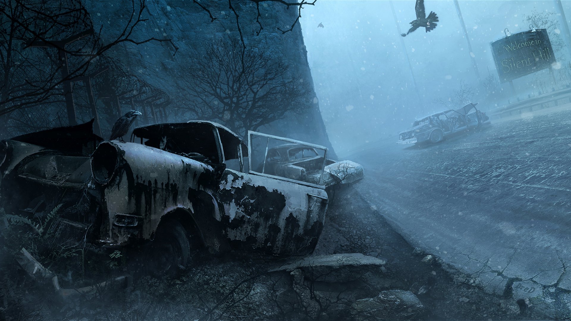 Silent Hill Video Games Birds Animals Car Vehicle Wreck Video Game Horror 1920x1080