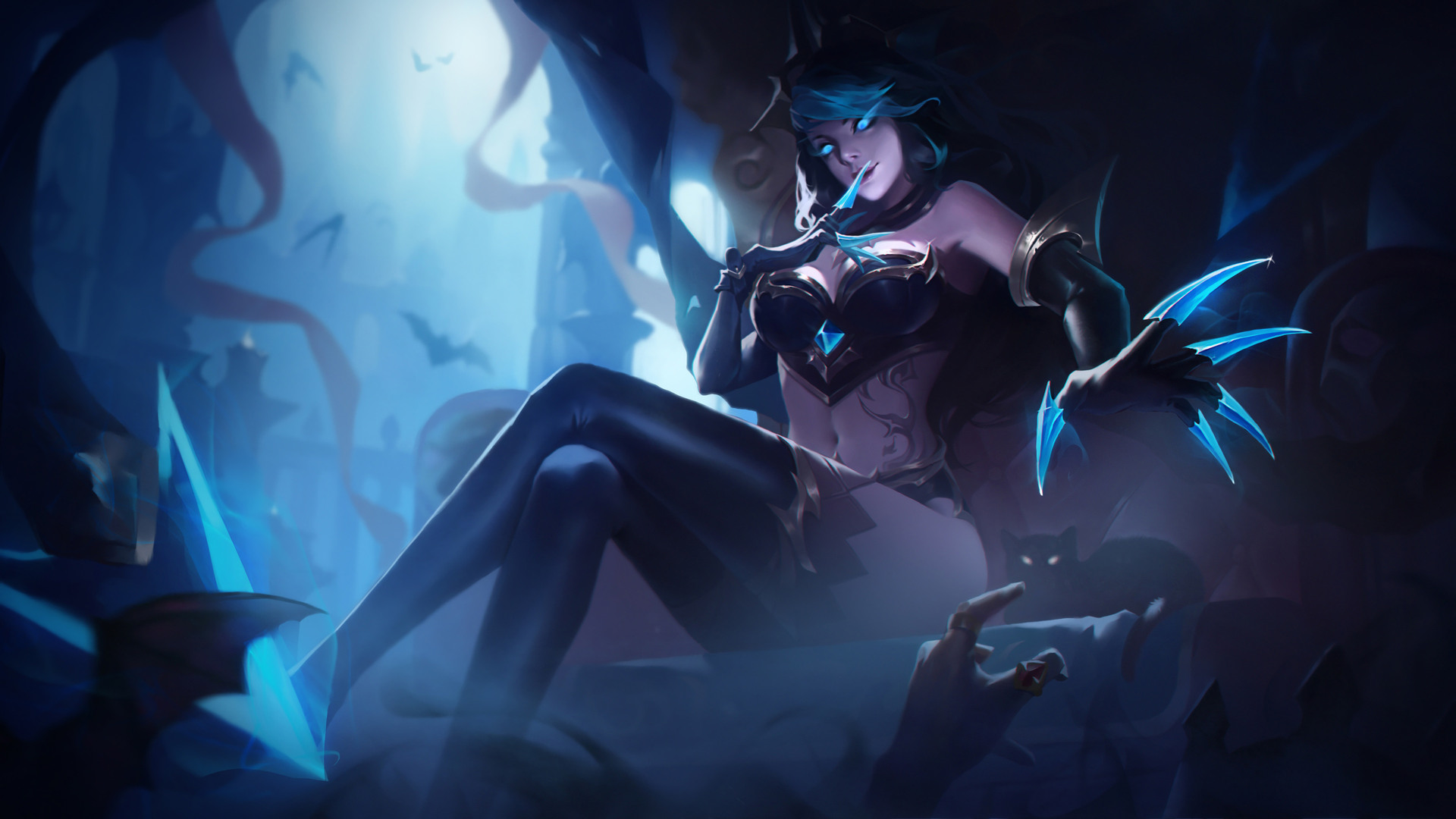 Evelynn Evelynn League Of Legends League Of Legends Looking At Viewer Demon Blue Eyes Legs Crossed 1920x1080