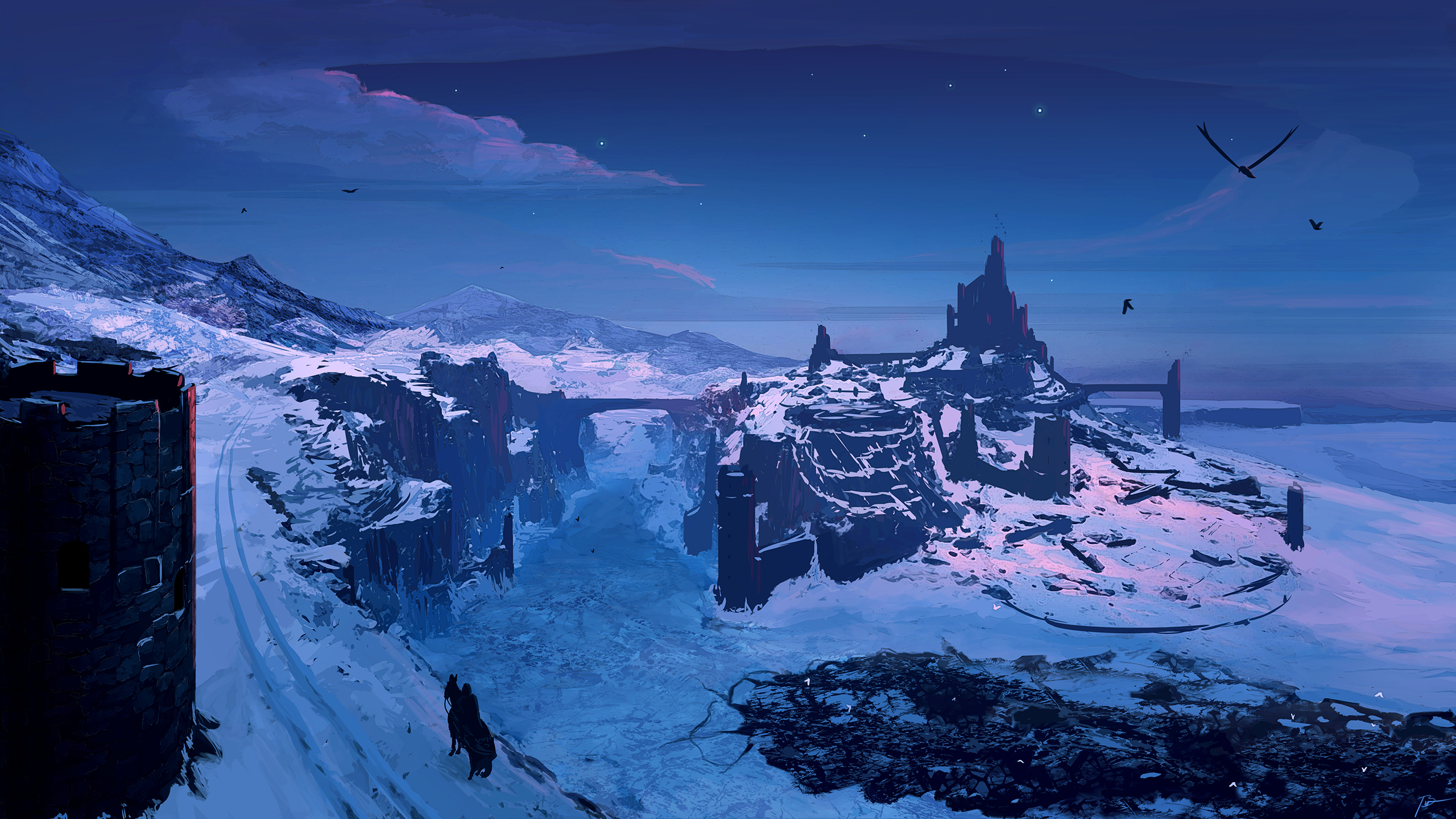 JoeyJazz Landscape Dark Ages Fantasy Art Winter Snow Ruins 2560x1440