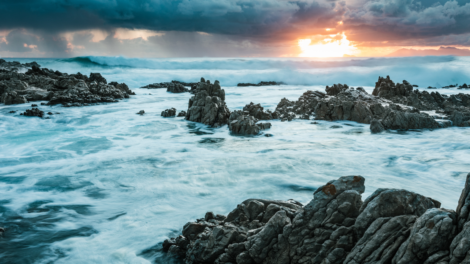 Nature Landscape Sunset Clouds Sky Water Waves Rocks Long Exposure South Africa 1920x1080