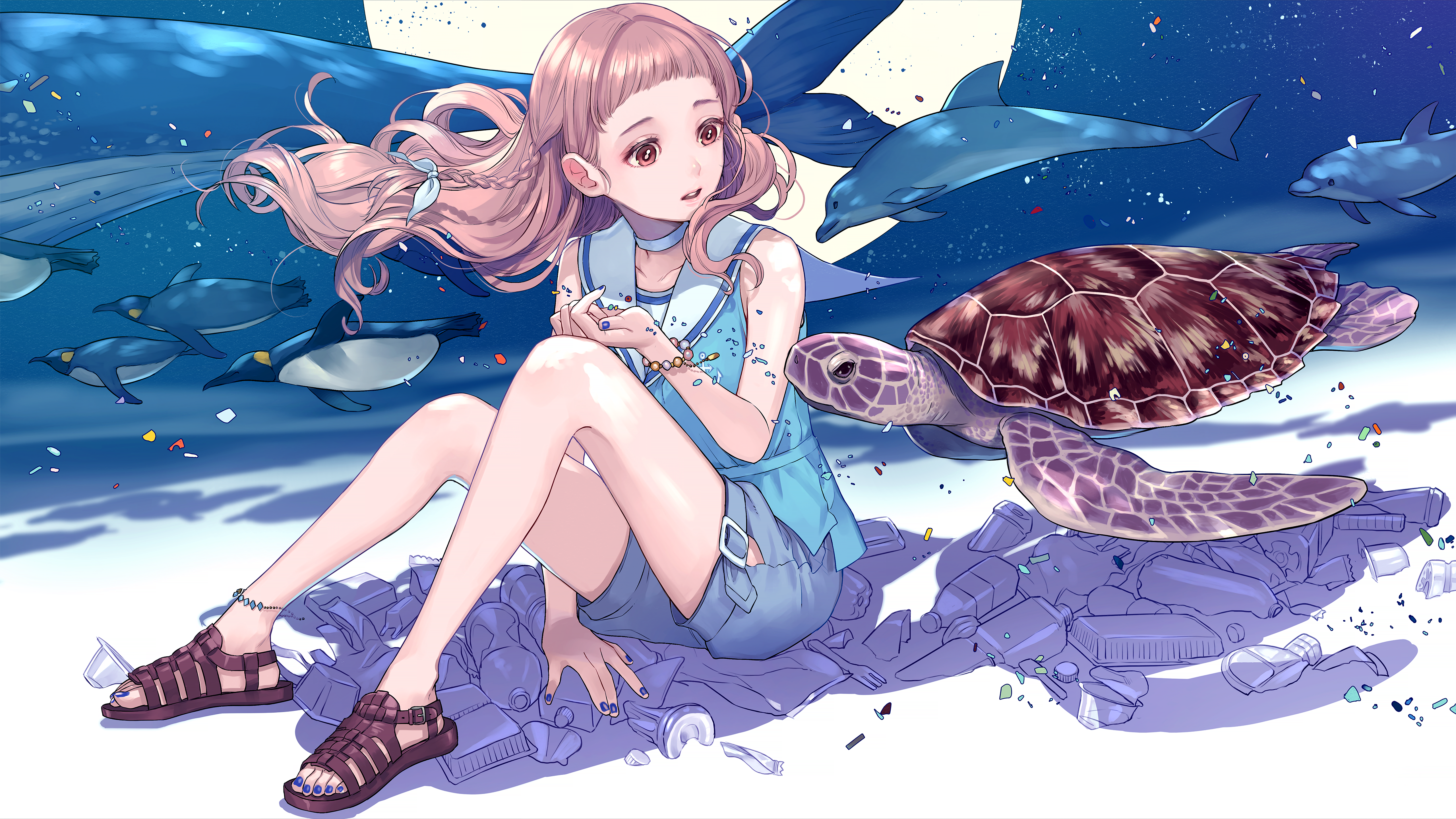Anime Anime Girls Brown Eyes Pink Hair Blue Nails Penguins Dolphin Turtle Trash In Water Sea 5120x2880