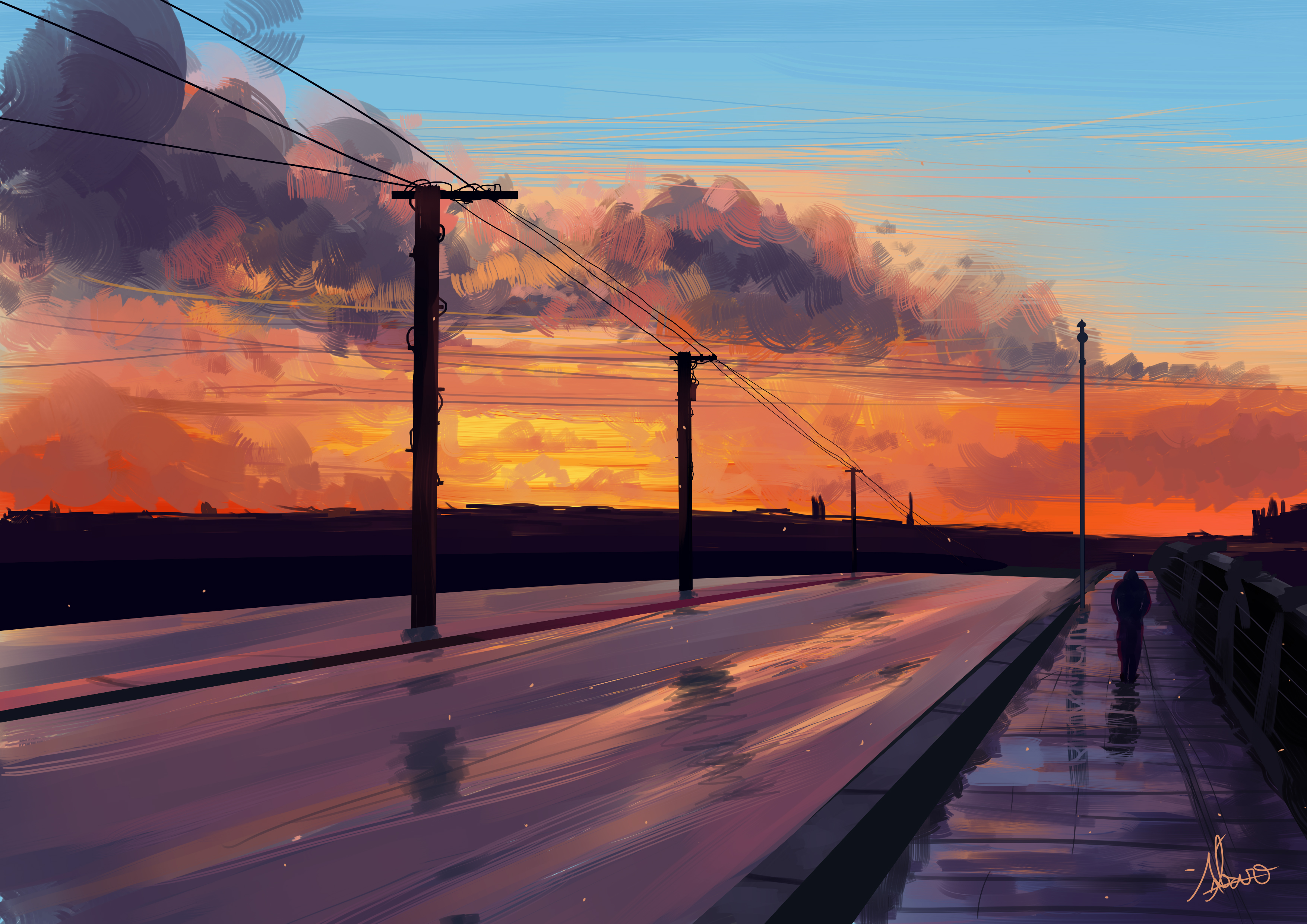 Digital Painting Sunset Sky Clouds Landscape Power Lines Alvaroserpa 3508x2480