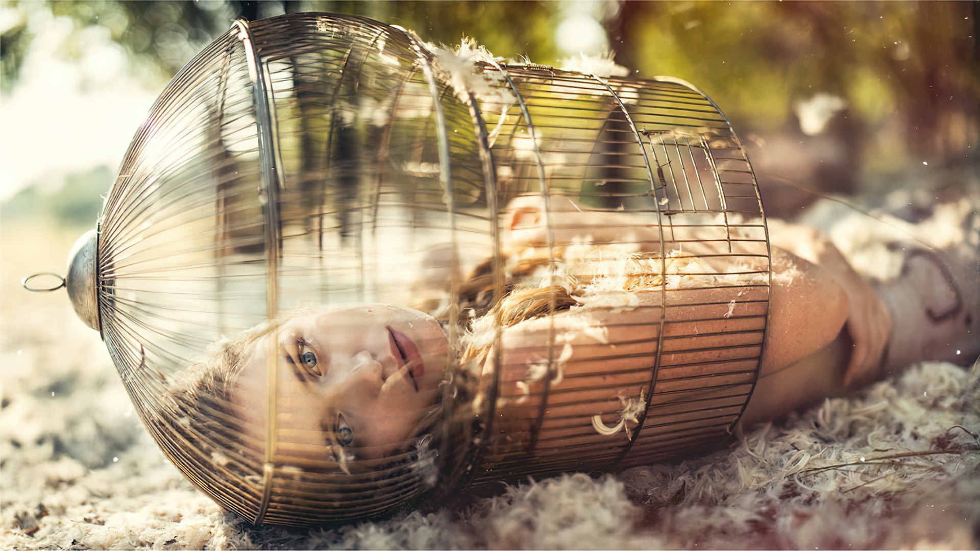 Cages Feathers Outdoors Women Outdoors Blue Eyes Women Looking At Viewer Blonde Lying Down Model 1920x1080