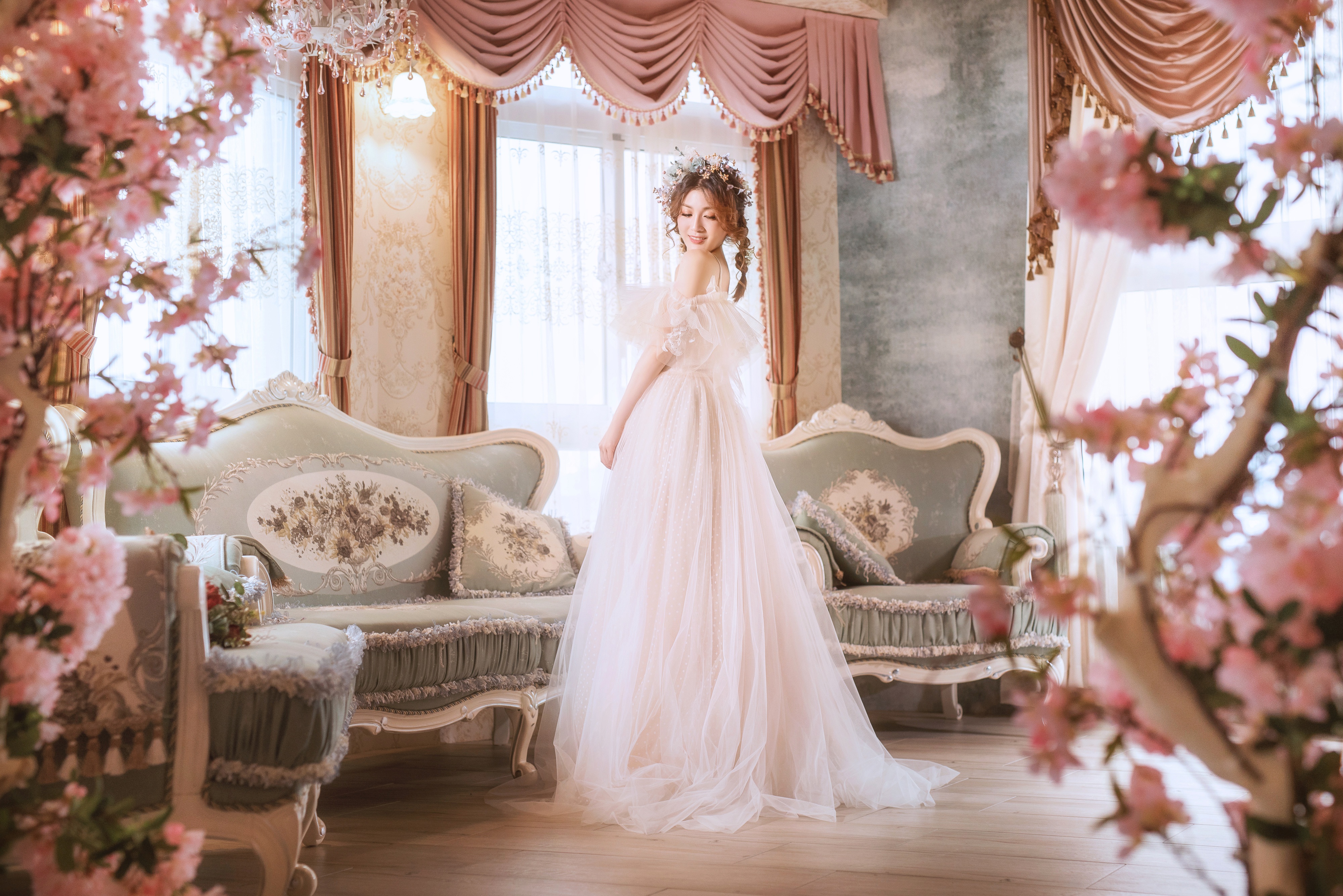 Asian Bride Brunette Girl Model Wedding Dress White Dress Woman Wreath 4000x2670