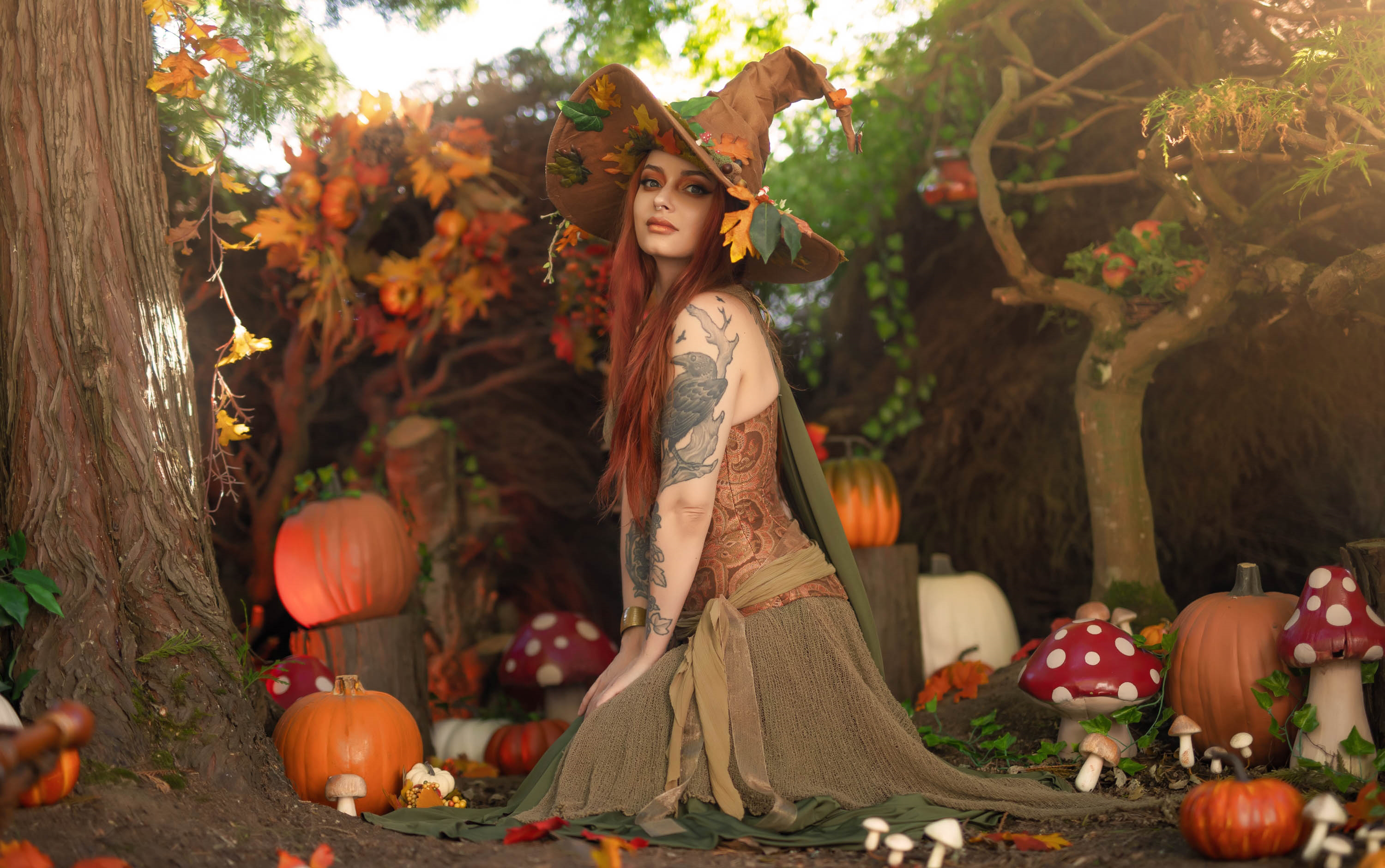 Witch Hat Halloween Pumpkin Makeup Nose Ring Redhead Tattoo 3000x1880