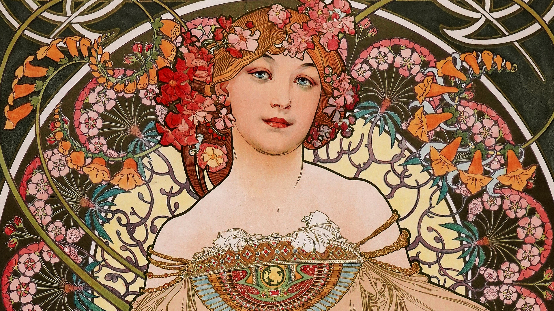 Alphonse Mucha Illustration Art Nouveau Traditional Art Floral Women Face Bare Shoulders Artwork 1920x1080