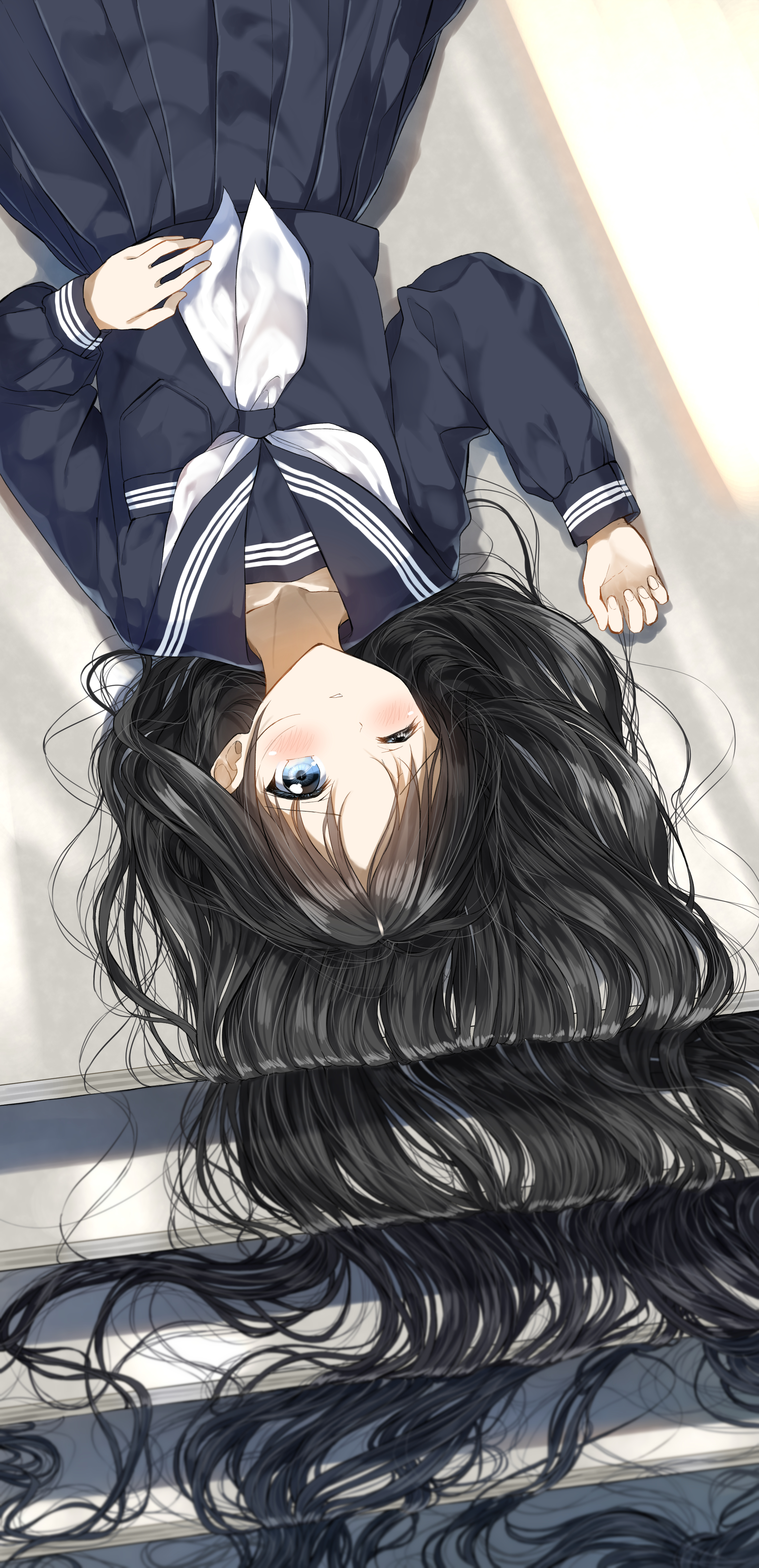 Anime Girls Portrait Display Long Hair Black Hair Blue Eyes School Uniform Stairs RailgunKy 2196x4536