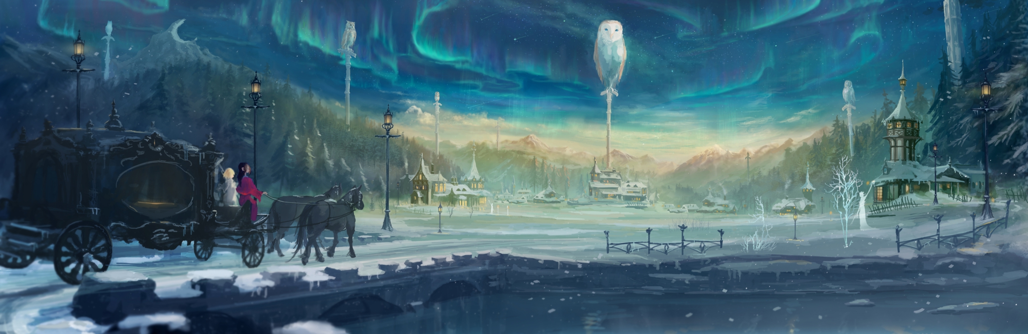 Aurora Borealis Fantasy Girl Horse Owl Shooting Star Starry Sky Village 3320x1080