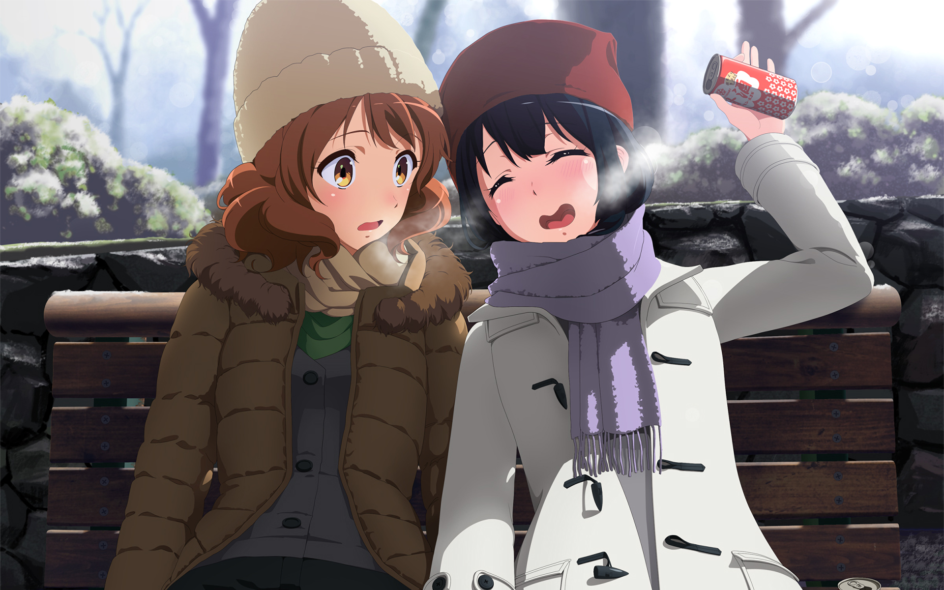 Hibike Euphonium Anime Girls Outdoors Bench Sitting Winter Cold Anime Brunette Dark Hair Two Women Y 1920x1200