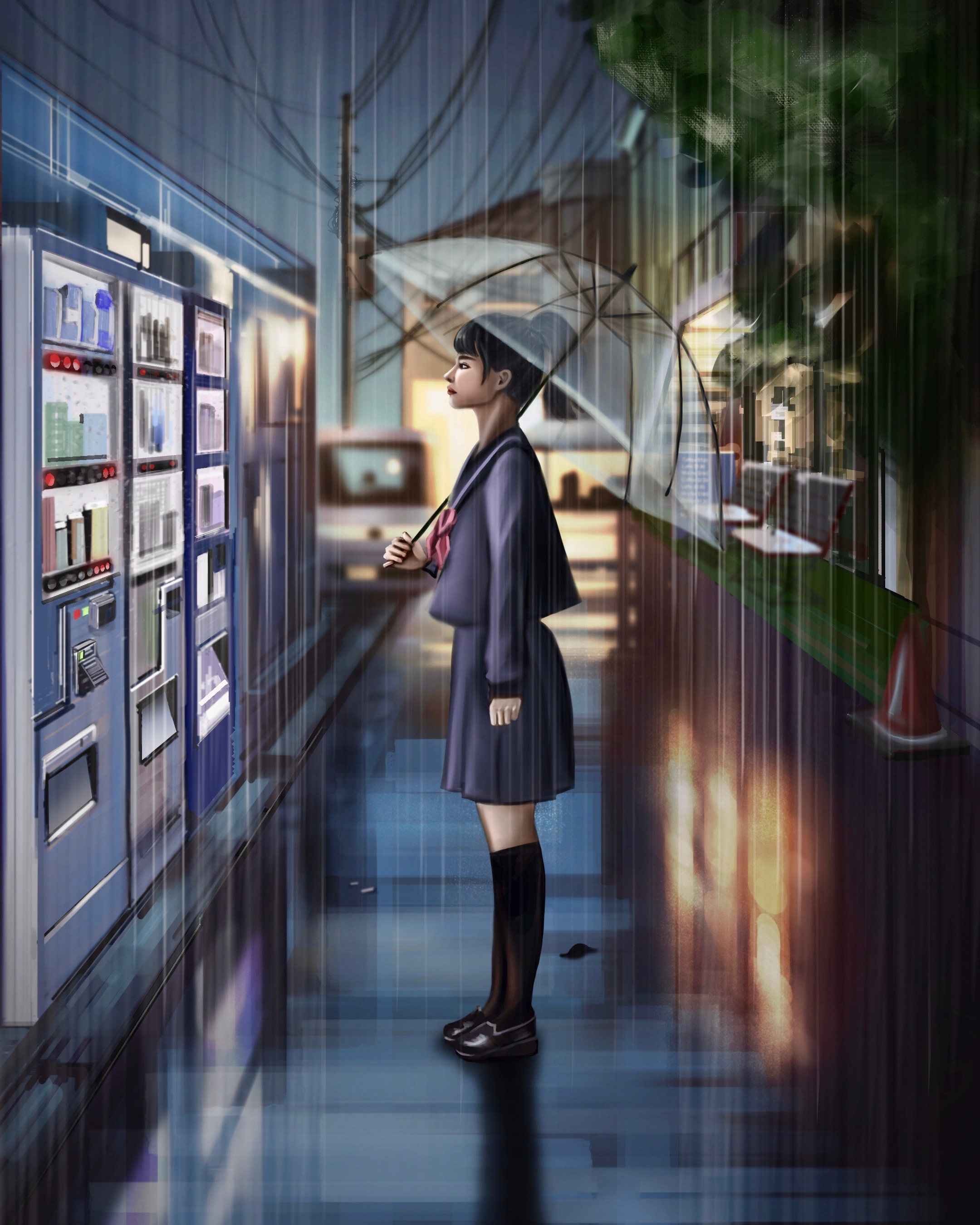 Geo Hsieh Fan Art Vending Machine Standing Umbrella Young Woman Women Women Outdoors Artwork Digital 2160x2700