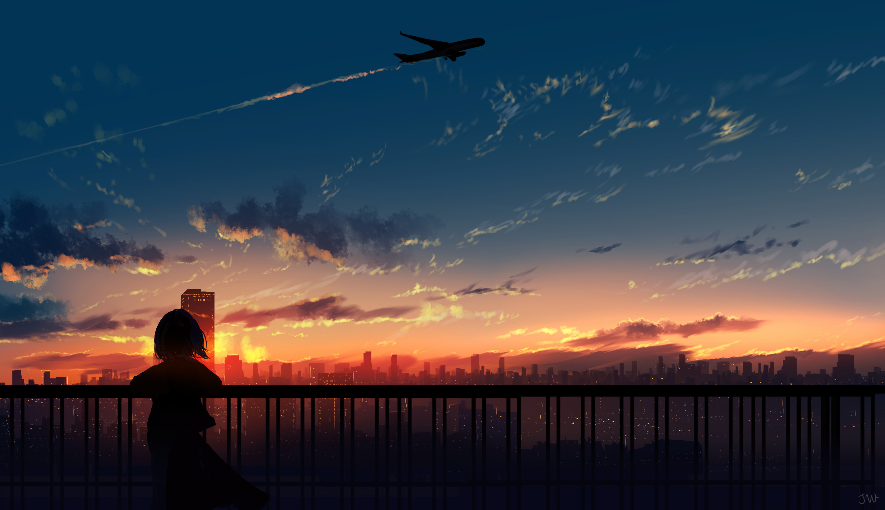 Anime Anime Girls HuashiJW Clouds Fence Airplane Cityscape 2847x1641