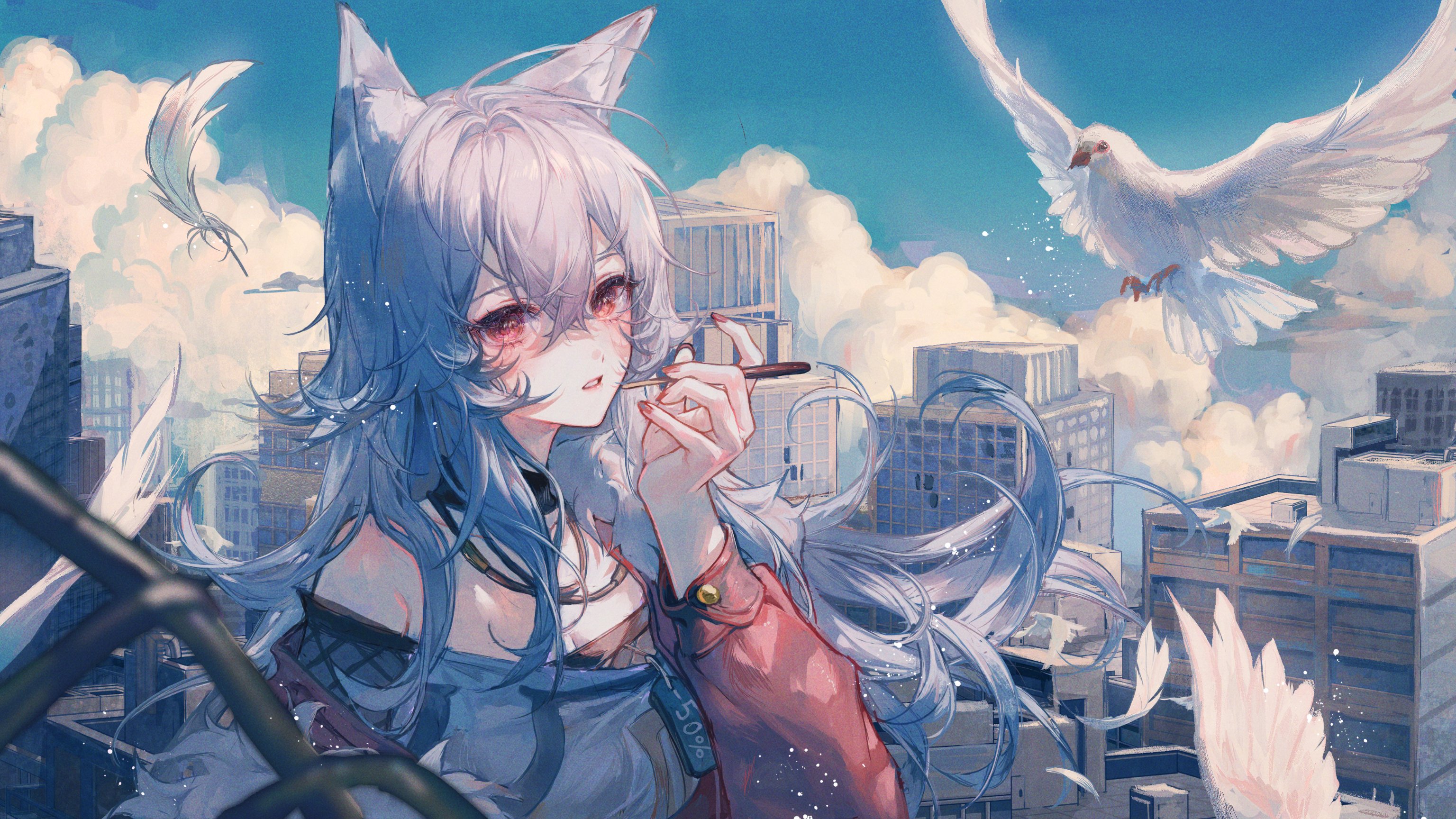 Anime Anime Girls Clouds Sky Pigeons White Hair Long Hair Brown Eyes Animal Ears Wolf Girls Cityscap 3072x1728