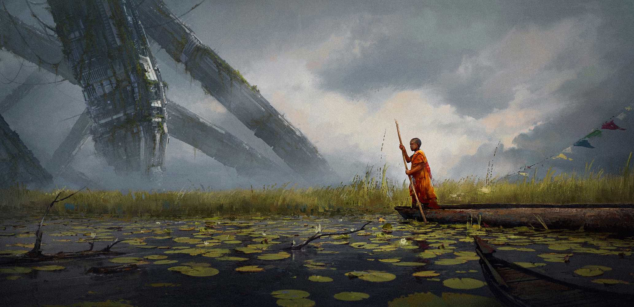 Landscape Digital Art Artwork Lake Water Lilies Boat Monks Kayaks Clouds Science Fiction 2066x1000