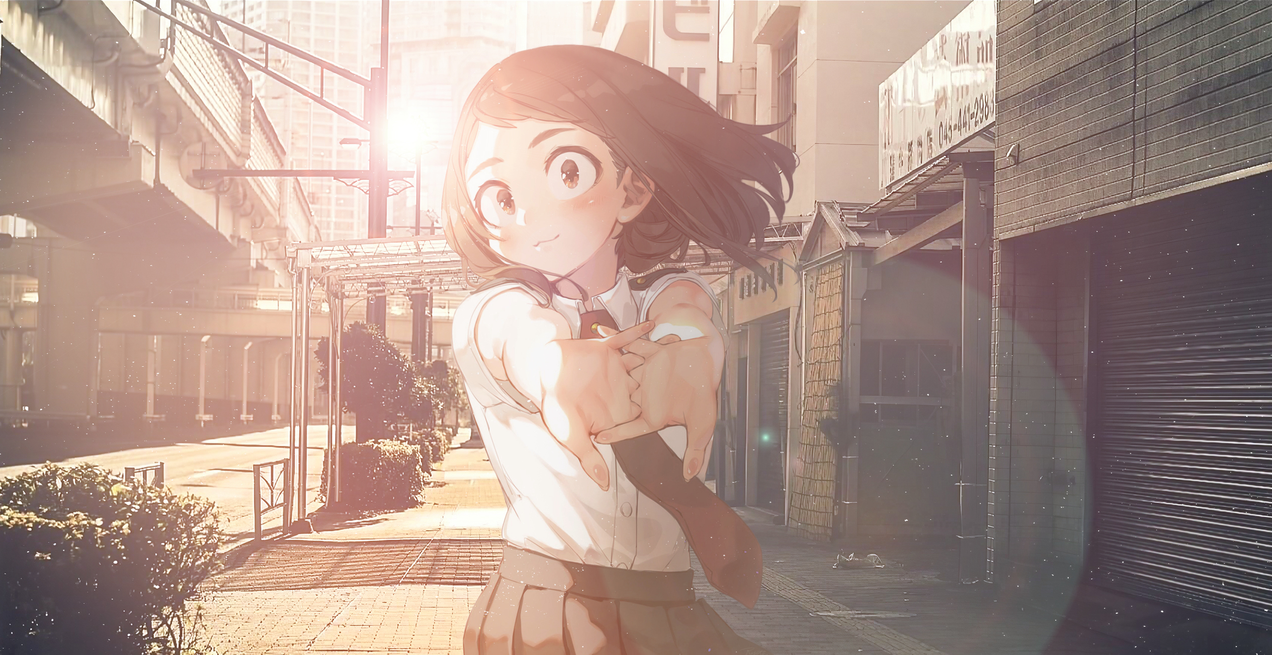 Uraraka Ochako Japan Street Sunny Anime Boku No Hero Academia Anime Girls Tie Urban City Sunlight 2559x1318