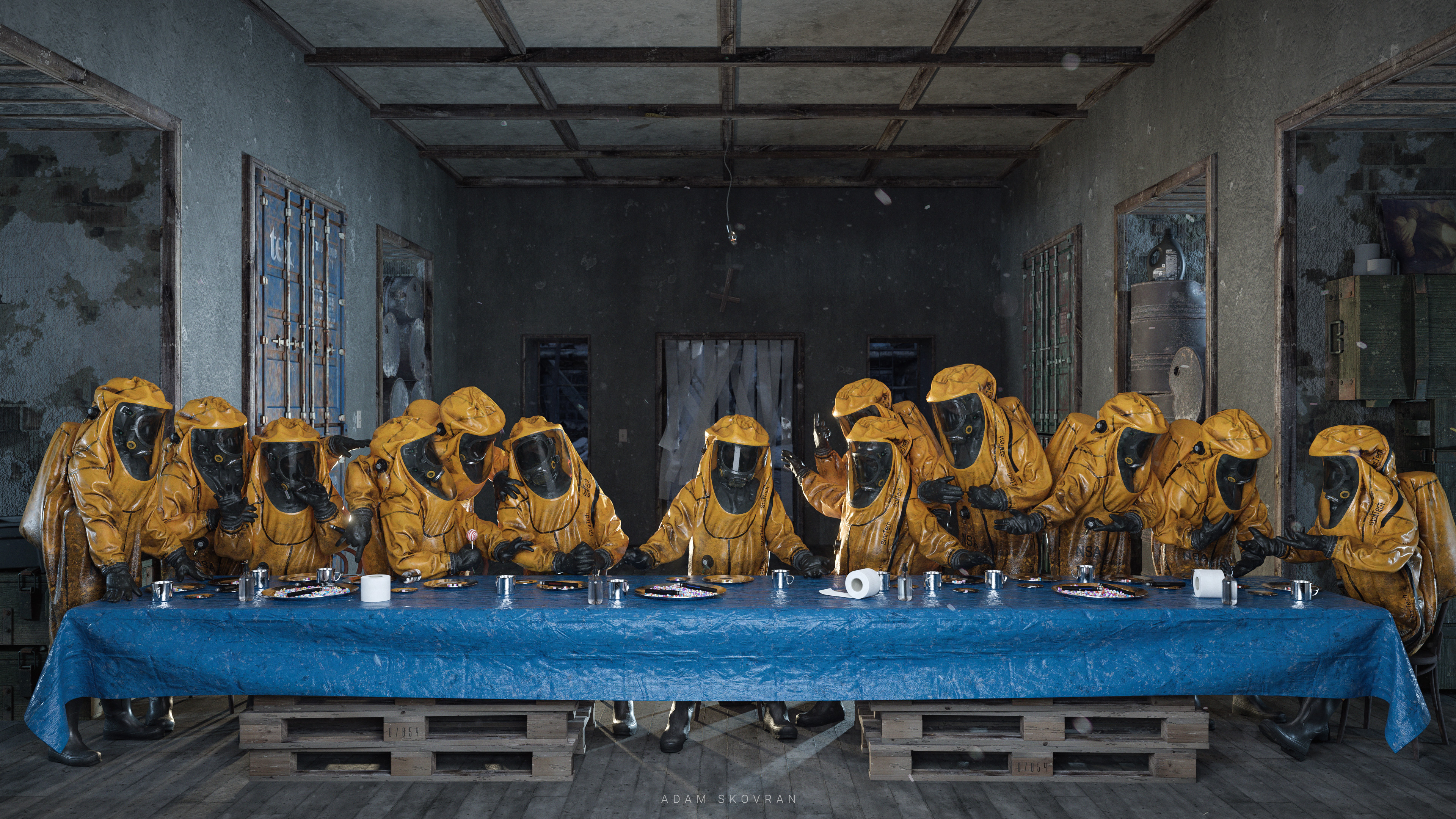 The Last Supper Toilet Paper Protective Suit Pandemic Render Post Apocalypse Hazmat Suits Pills Indu 3840x2160