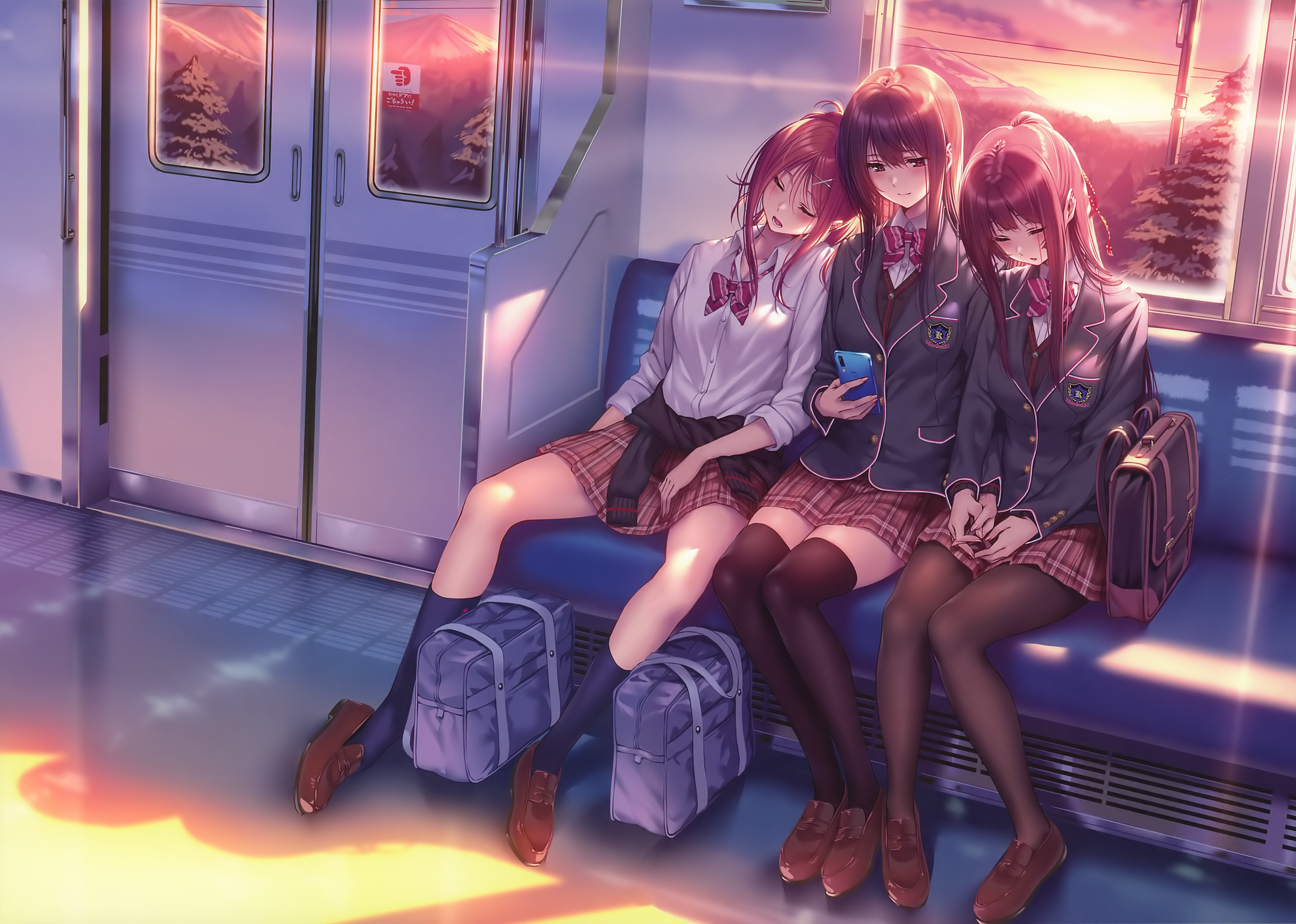 Anime Girls Piromizu Schoolgirl School Uniform Black Pantyhose Thigh Highs Train Sunset Brunette Sle 5049x3600