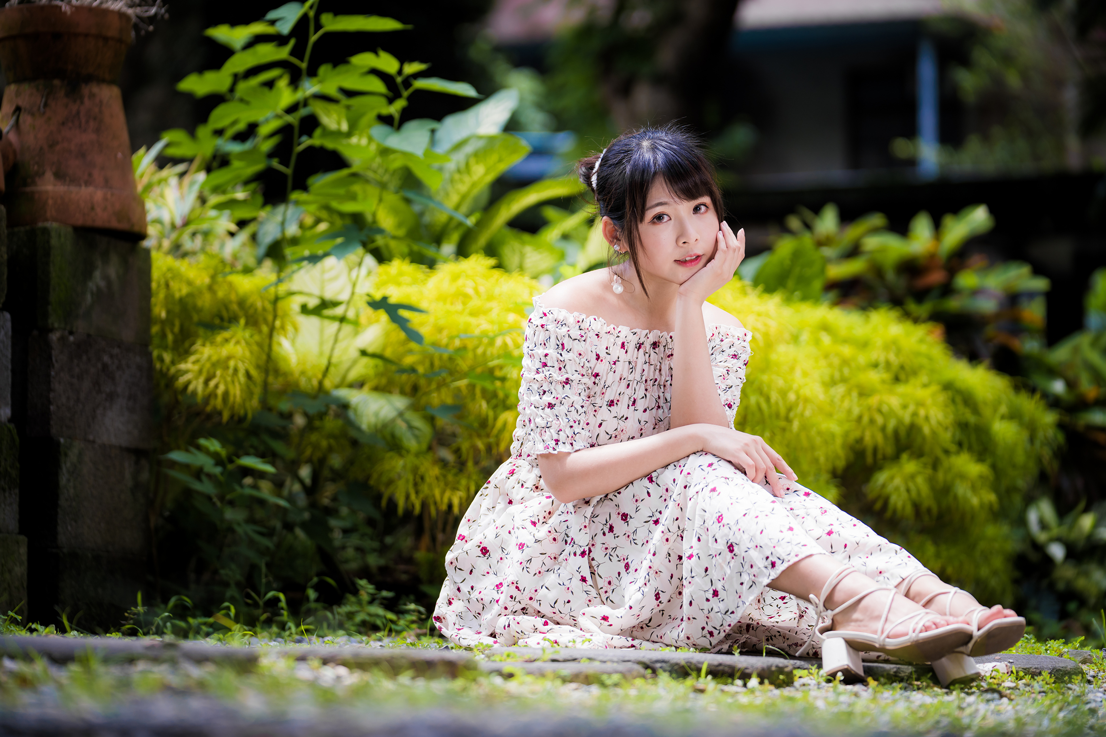 Asian Model Women Long Hair Brunette Sitting Flower Dress Barefoot Sandal Depth Of Field Bushes Plan 3840x2559